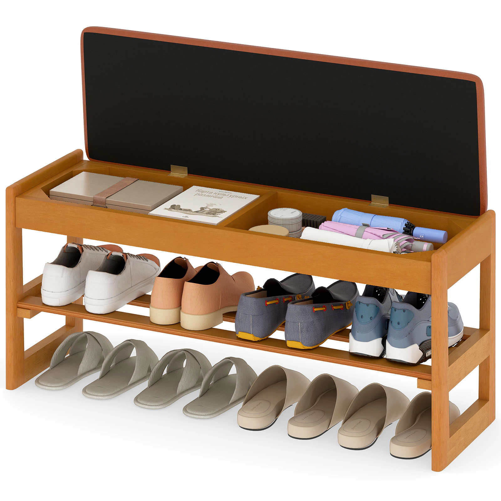 SUGIFT Brown Flip-Open Storage 2-Tier Rubberwood Entryway Bench 40 Inch Shoe Rack Bench