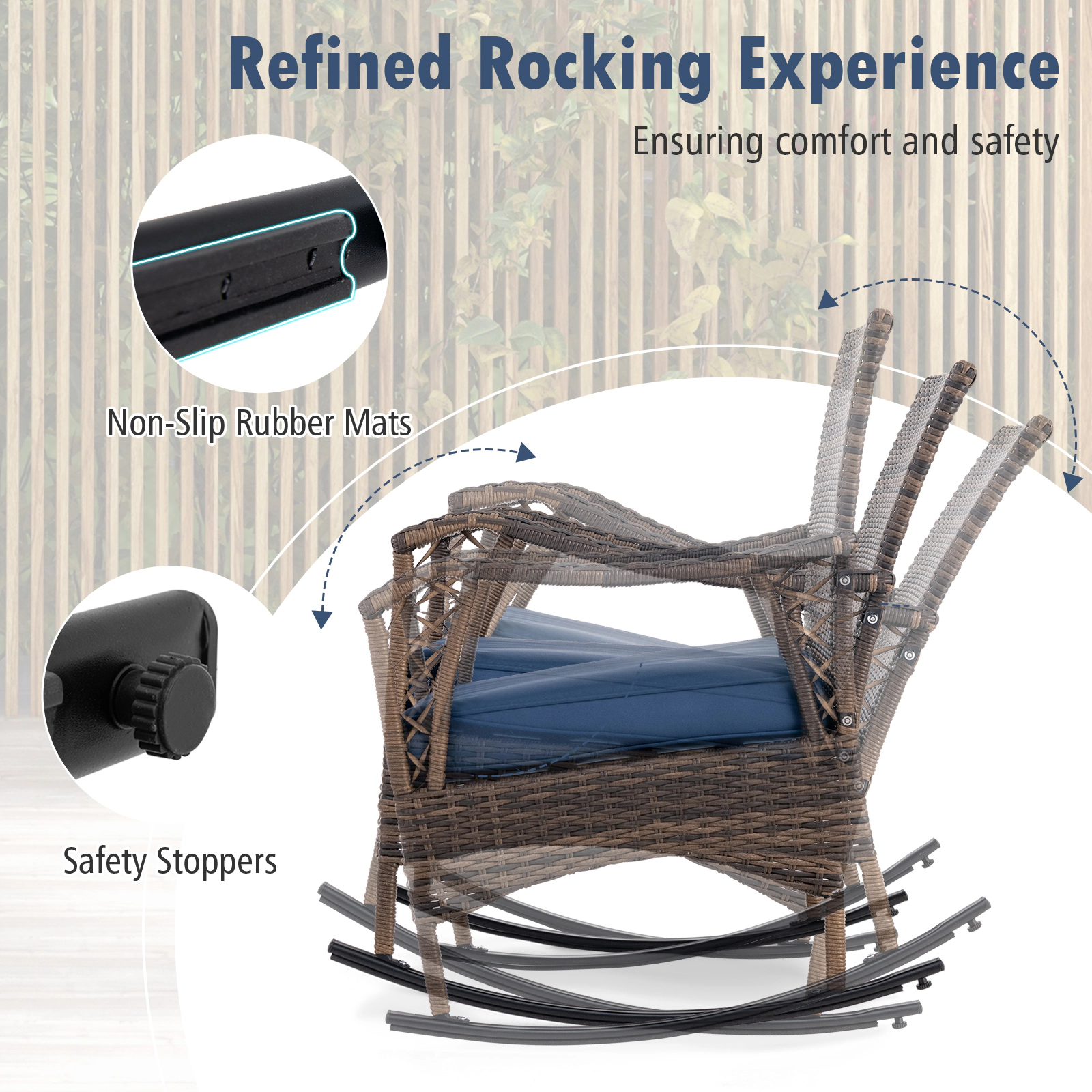 SUGIFT Bungee Rope Seat Loveseat and Coffee Table 4-Piece Navy Wicker Rocking Set
