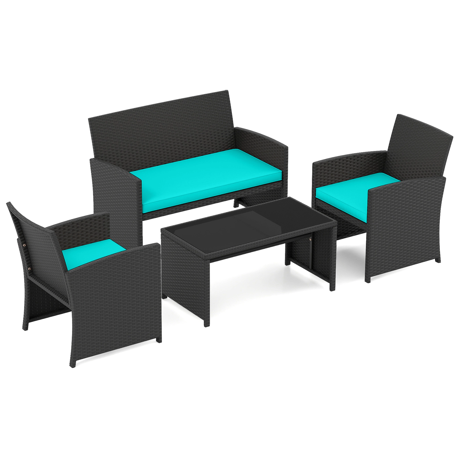 SUGIFT 4-Piece Rattan Patio Conversation Set Tempered Glass Tabletop 400/800-lb Capacity Turquoise Cushions White/Black