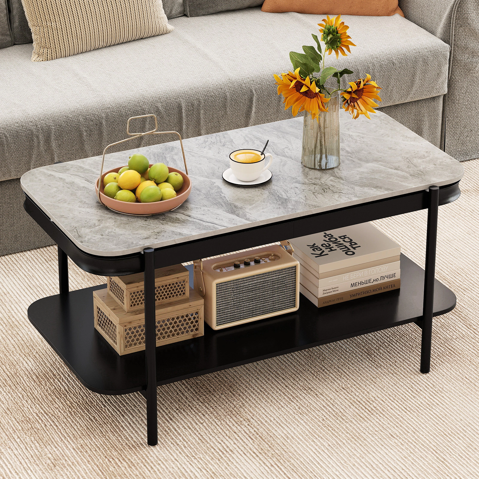 Glintex 2-Tier 35.5-Inch Sintered Stone Coffee Table with Thick Tube Frame