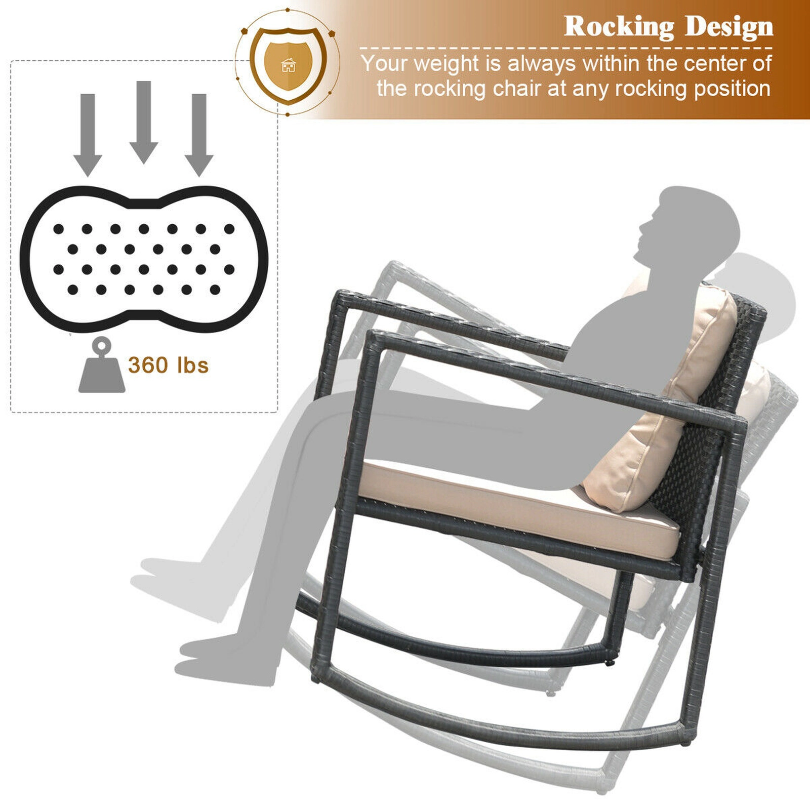 SUGIFT 3 Piece Wicker Rocking Bistro Set Beige with Glass Coffee Table and Storage Shelf