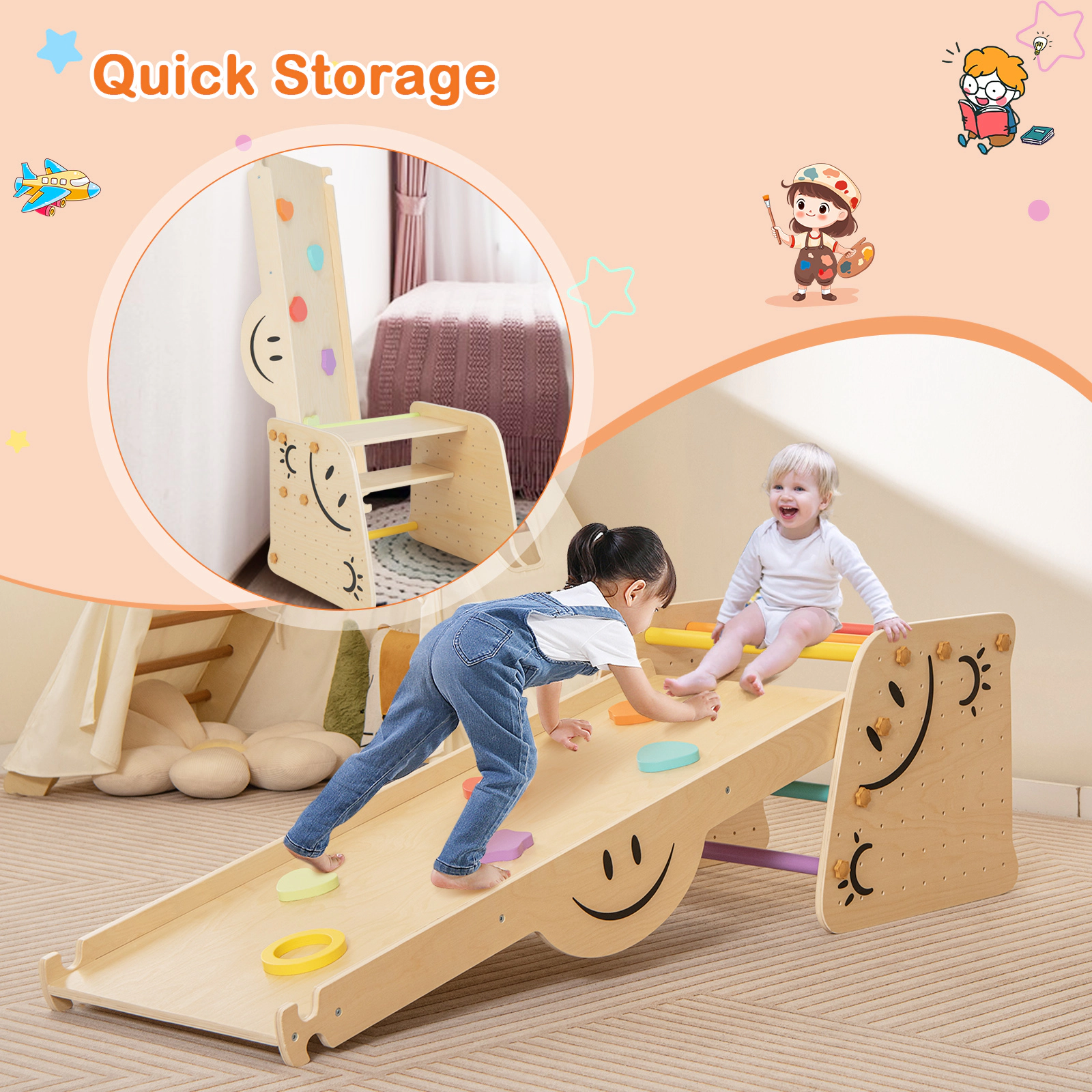SUGIFT Multicolor Seesaw and 47 Inch Ramp Kids Wooden Climbing Toy Triangle Climber Set