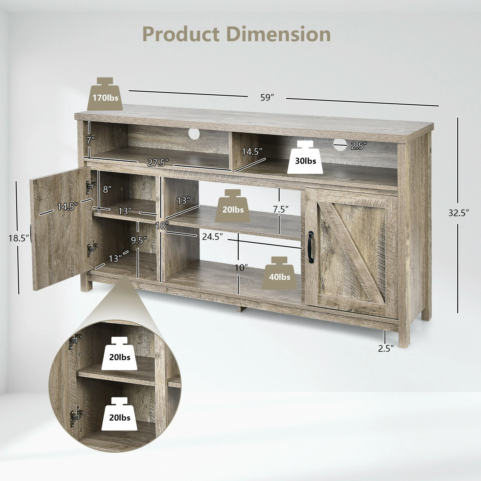 Glintex 59-Inch Barn Door TV Stand for TVs up to 65 Inches