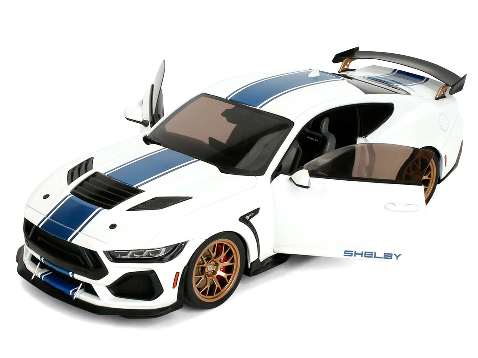 Jada Ford Mustang Shelby Super Snake White Metallic with Blue Stripes and Gold Wheels "Pink Slips" Series 1/18