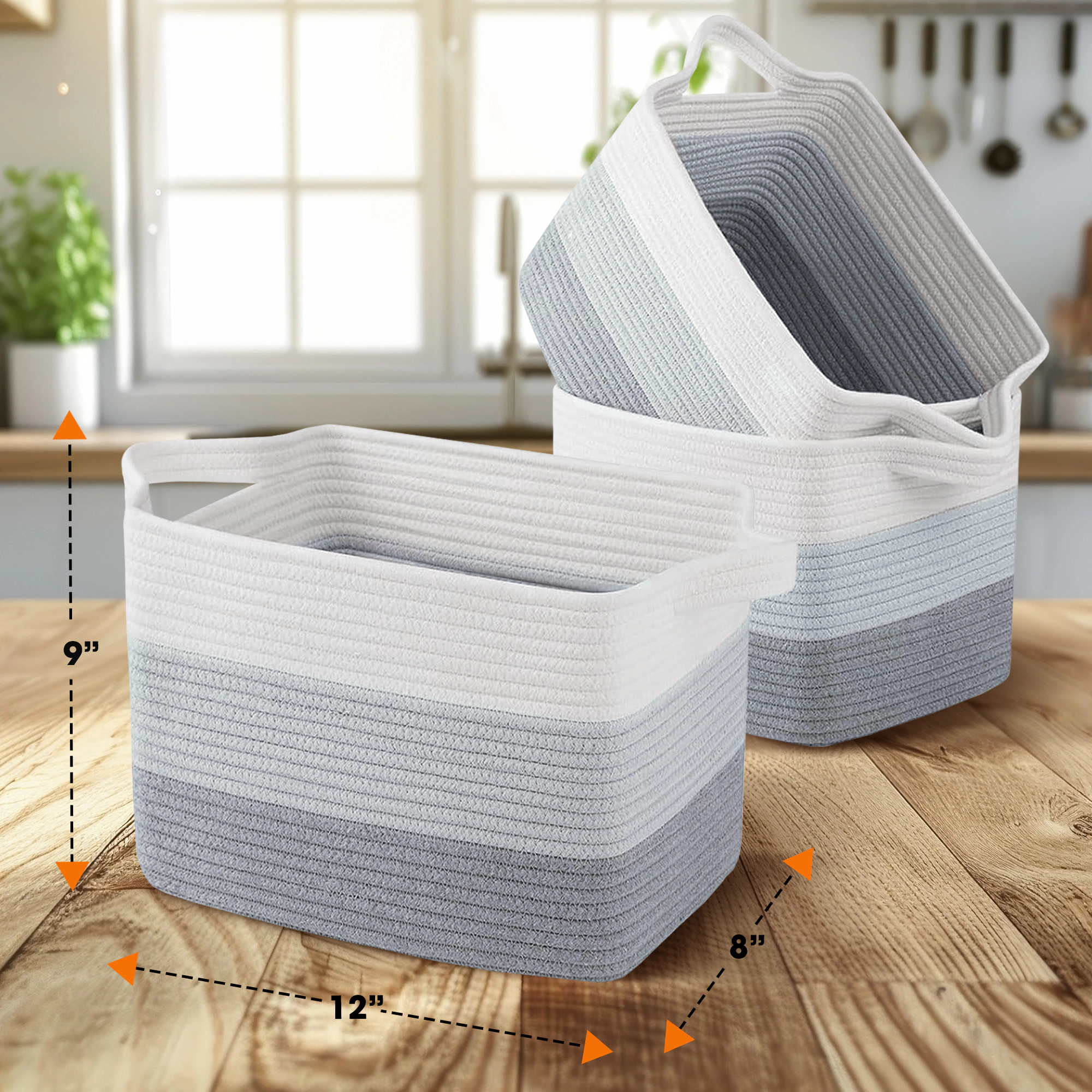Cheer Collection 3-Pack Woven Cotton Rope Storage Baskets with Handles for Home Organization