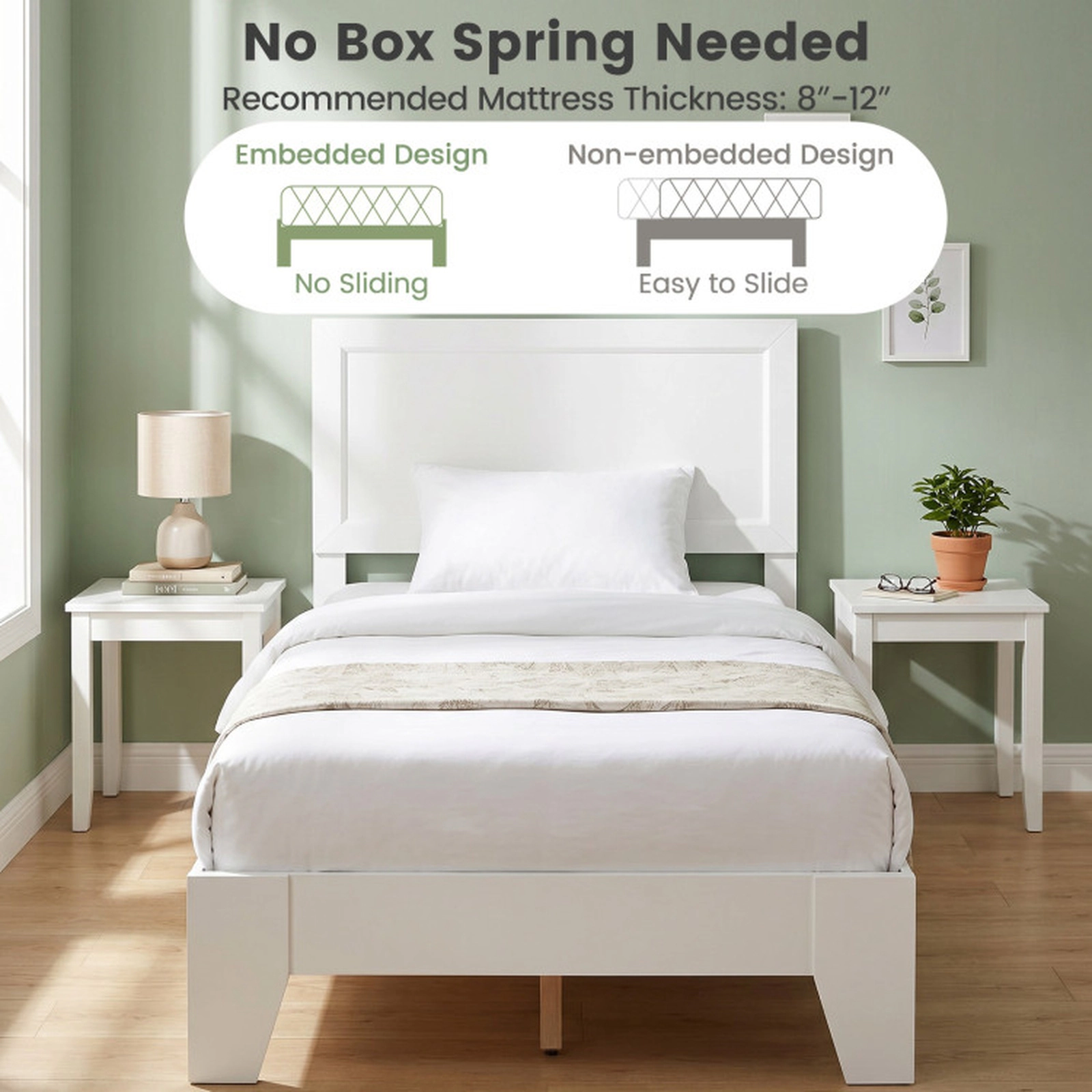 SUGIFT White Mid-Century Headboard for Small Rooms Twin Size Wooden Platform Bed Frame