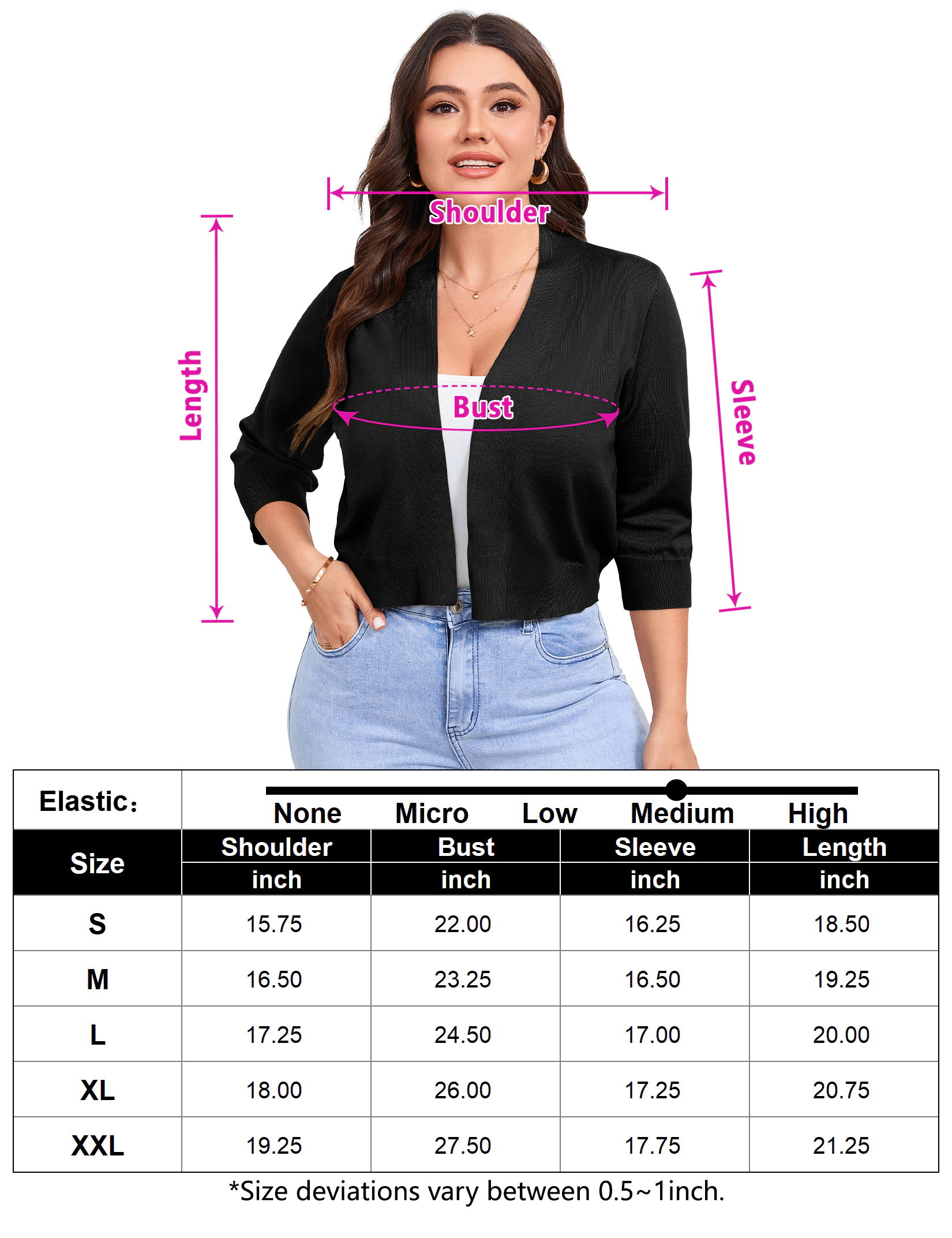 KOJOOIN Women's Plus Shrugs 3/4 Sleeve Cropped Cardigan Lightweight Knit Sweaters Bolero