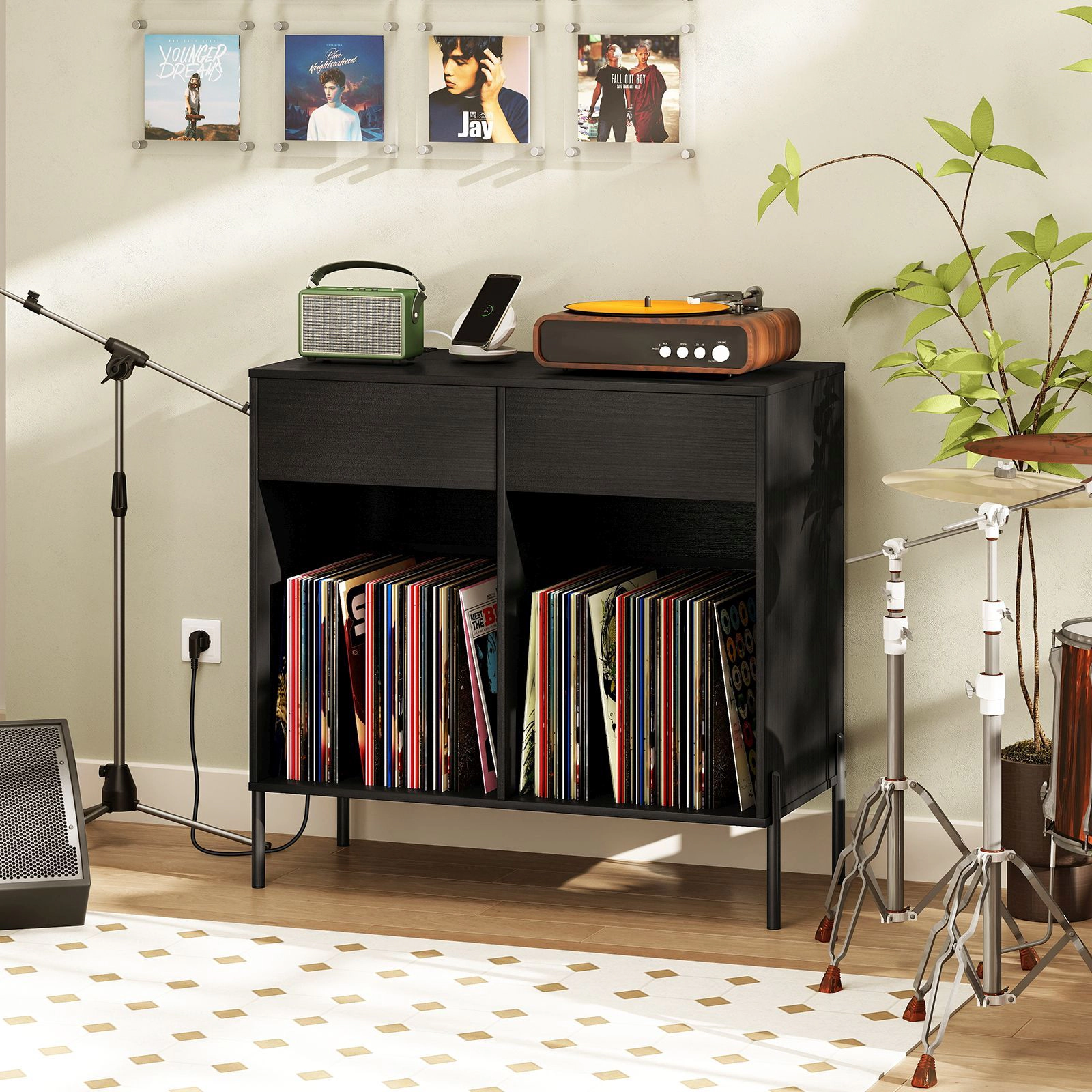 SlickBlue Record Player Stand with Drawers, Shelves & Outlets