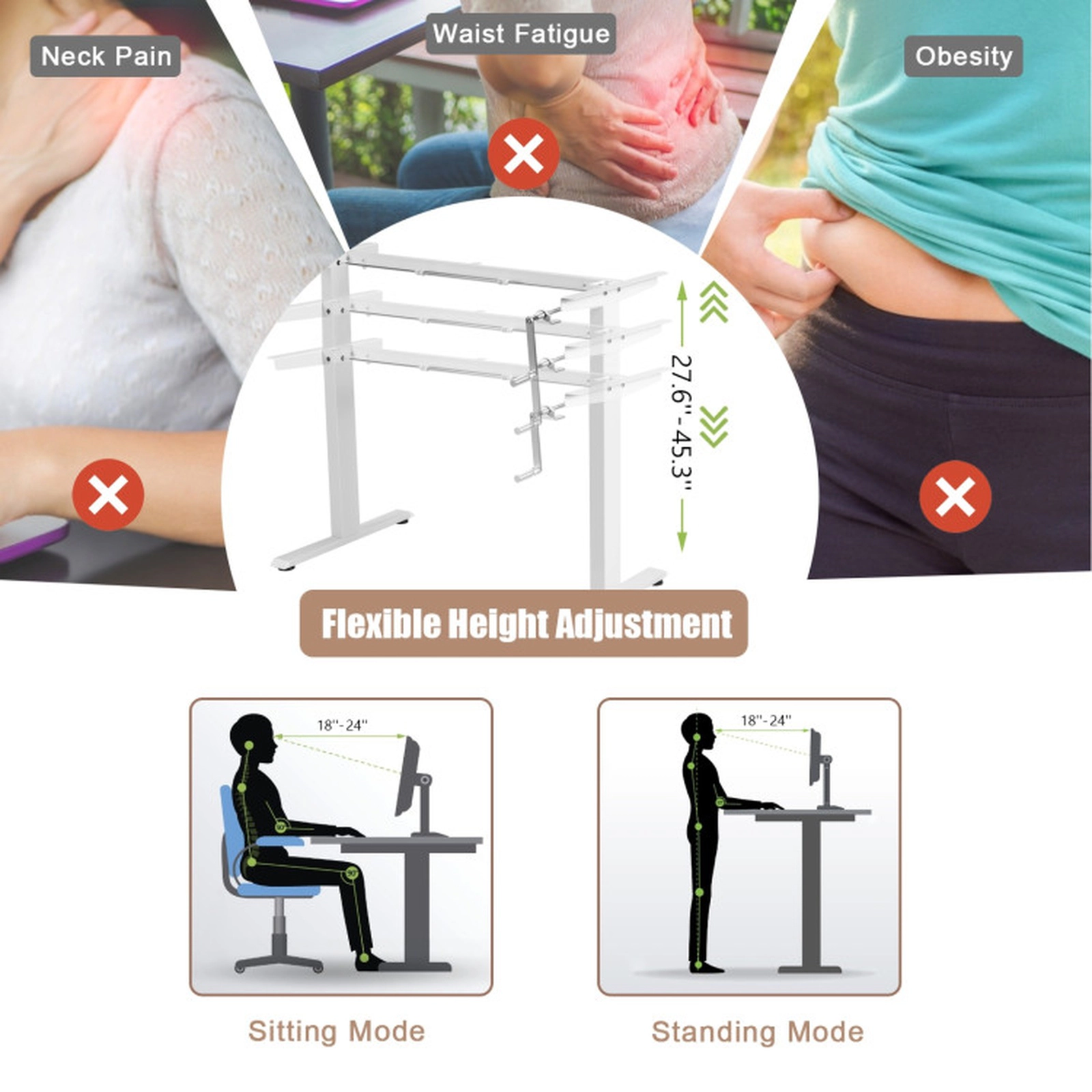 SUGIFT White Steel Hand Crank Sit-Stand Desk Frame, Adjustable Height, Tabletop Not Included