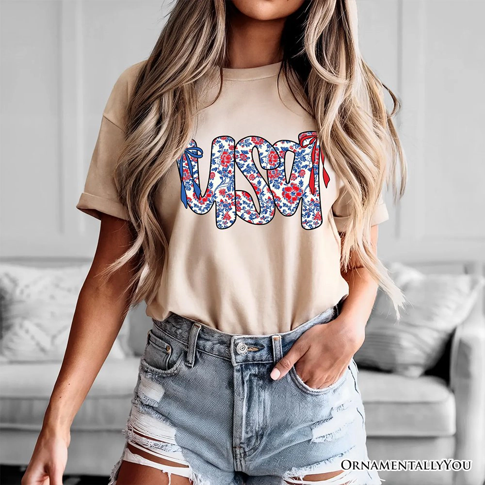 OrnamentallyYou Womens Floral USA Patriotic 4th Of July T-Shirt