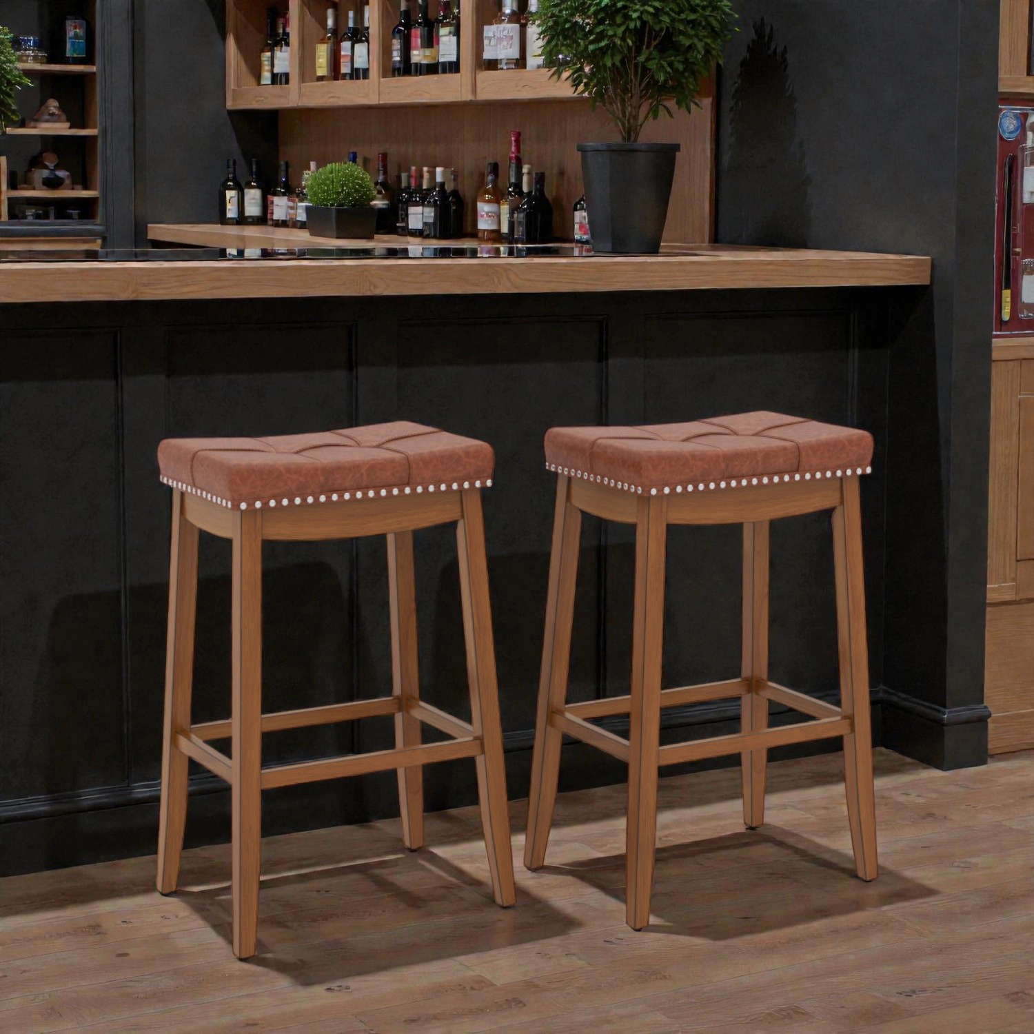 Hivvago Set of 2 Upholstered PU Leather Bar Stools with Saddle Seat