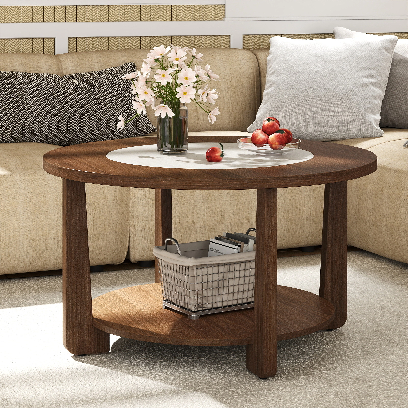 LJG Farmhouse Accent Round Coffee Table with 2-Tone Tabletop and Open Storage Shelf for Living Room