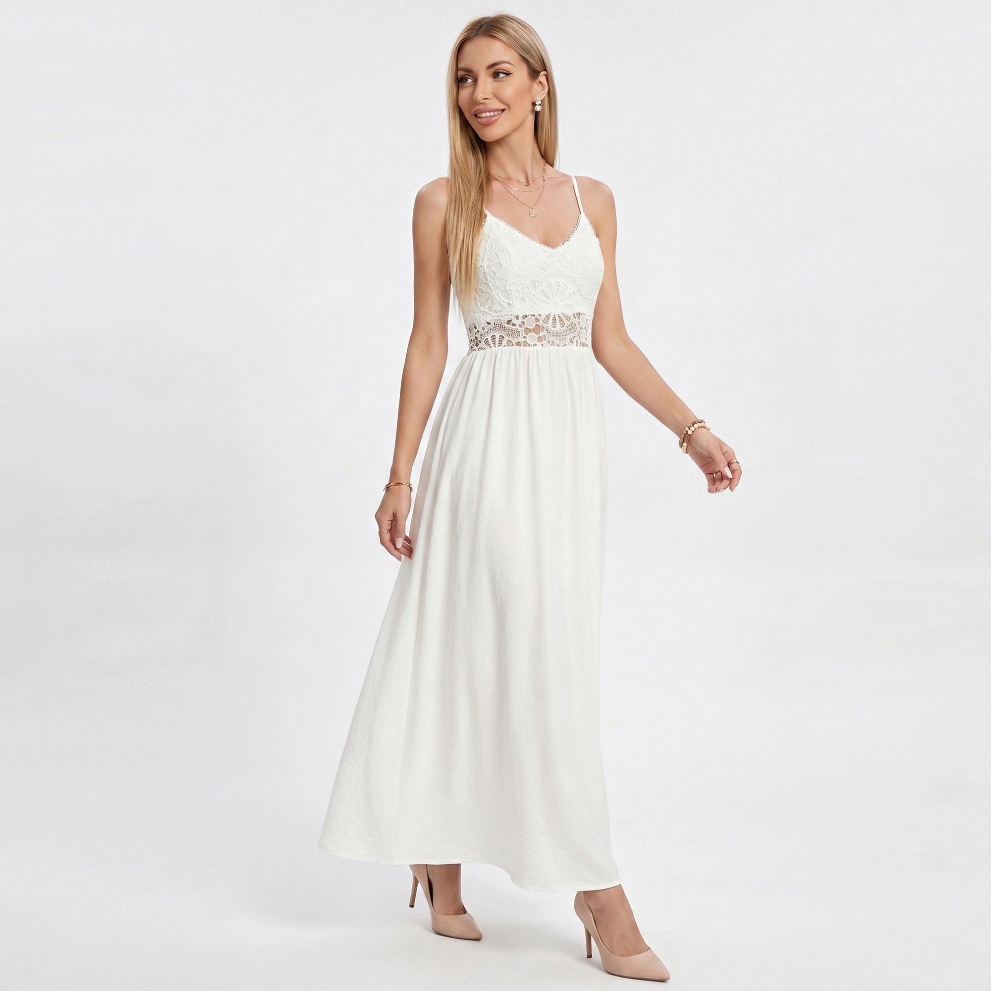 Anna-Kaci Women's Lace Bodice Spaghetti Straps Maxi Dress