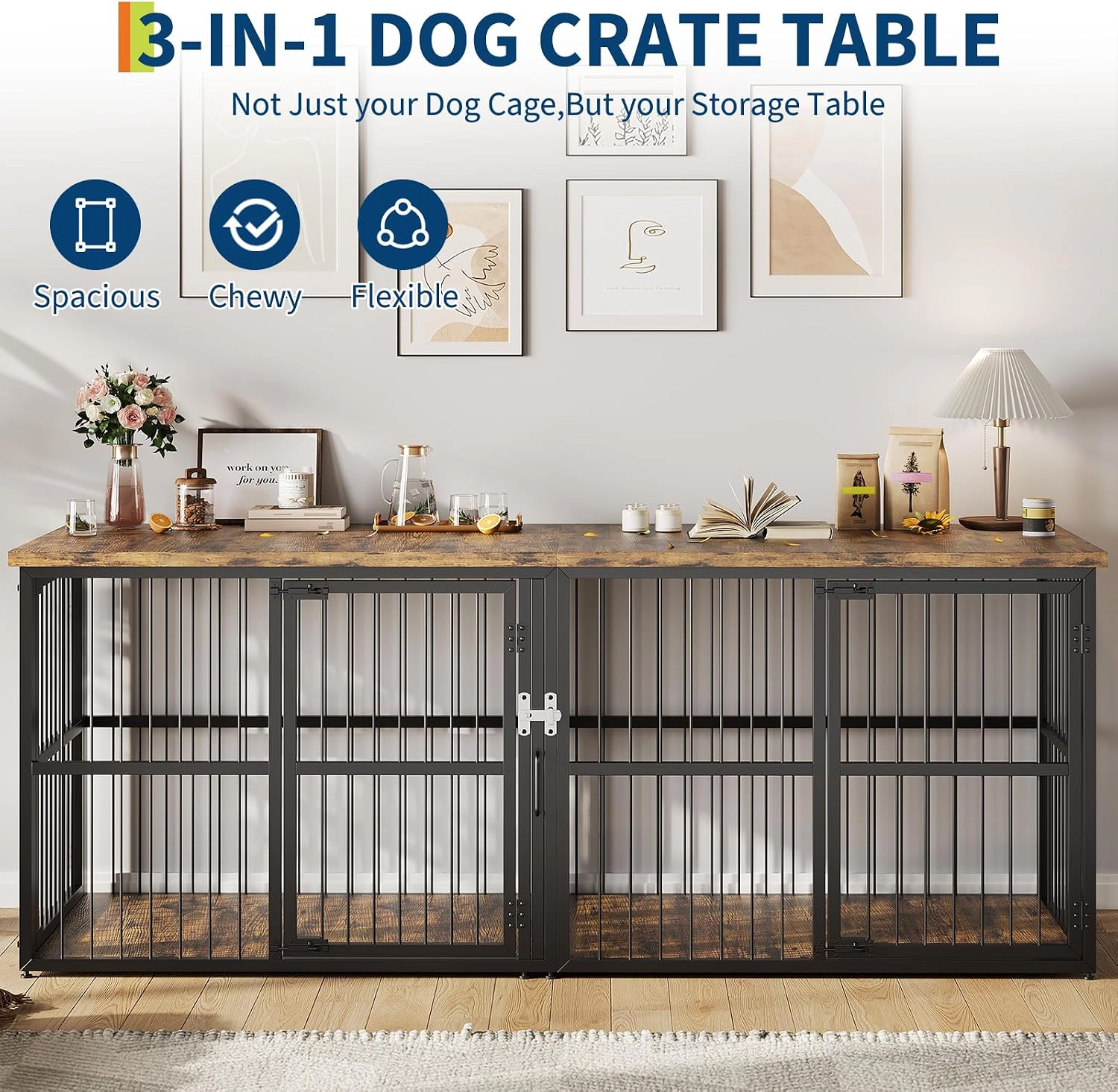 Double Dog Crate Furniture, Heavy-Duty Ironwood Pet Cage with Divider for Two Pets