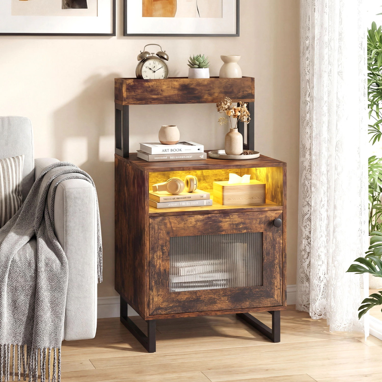 Glintex 31.5-Inch LED Nightstand with Top Tray Side Cabinet and 88-Lb Tabletop
