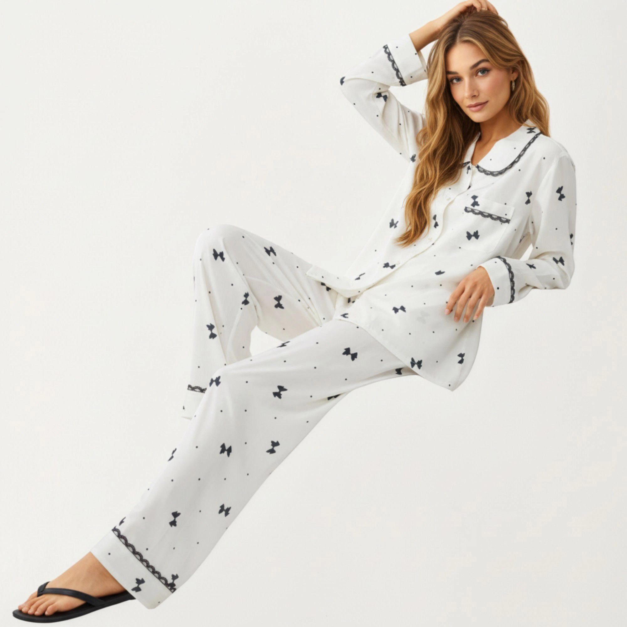 Anna-Kaci Women's 2-Piece Printed Button Front Pajama Top Contrast Trim and Matching Relaxed Fit Elastic Waist Pants