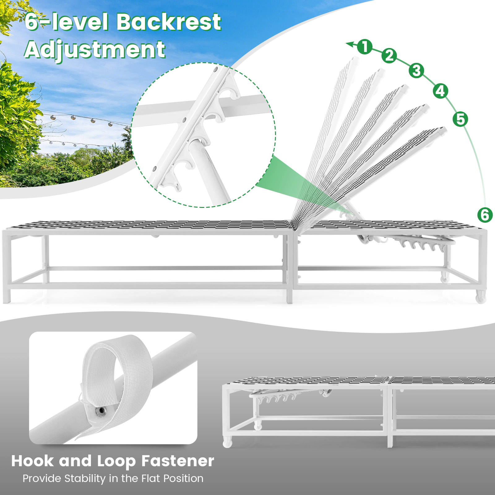 SUGIFT Wheels 6-Level Backrest Metal Frame 400-lb Black and White Patio Chaise Lounge Chair