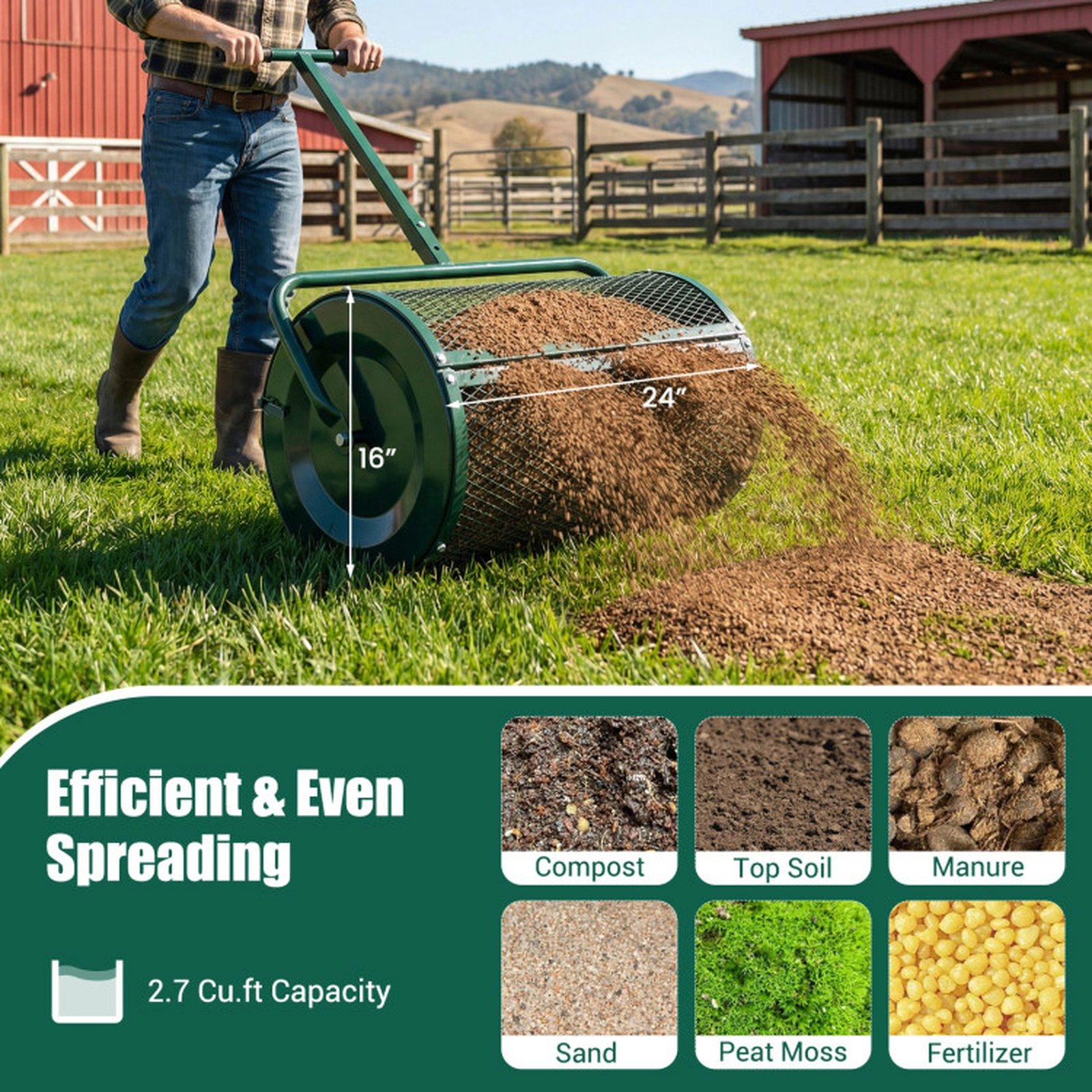 SUGIFT Compost Spreader Roller Garden Cart with 2.7 Cu.ft Basket Height-Adjustable T-Shape Handle Green