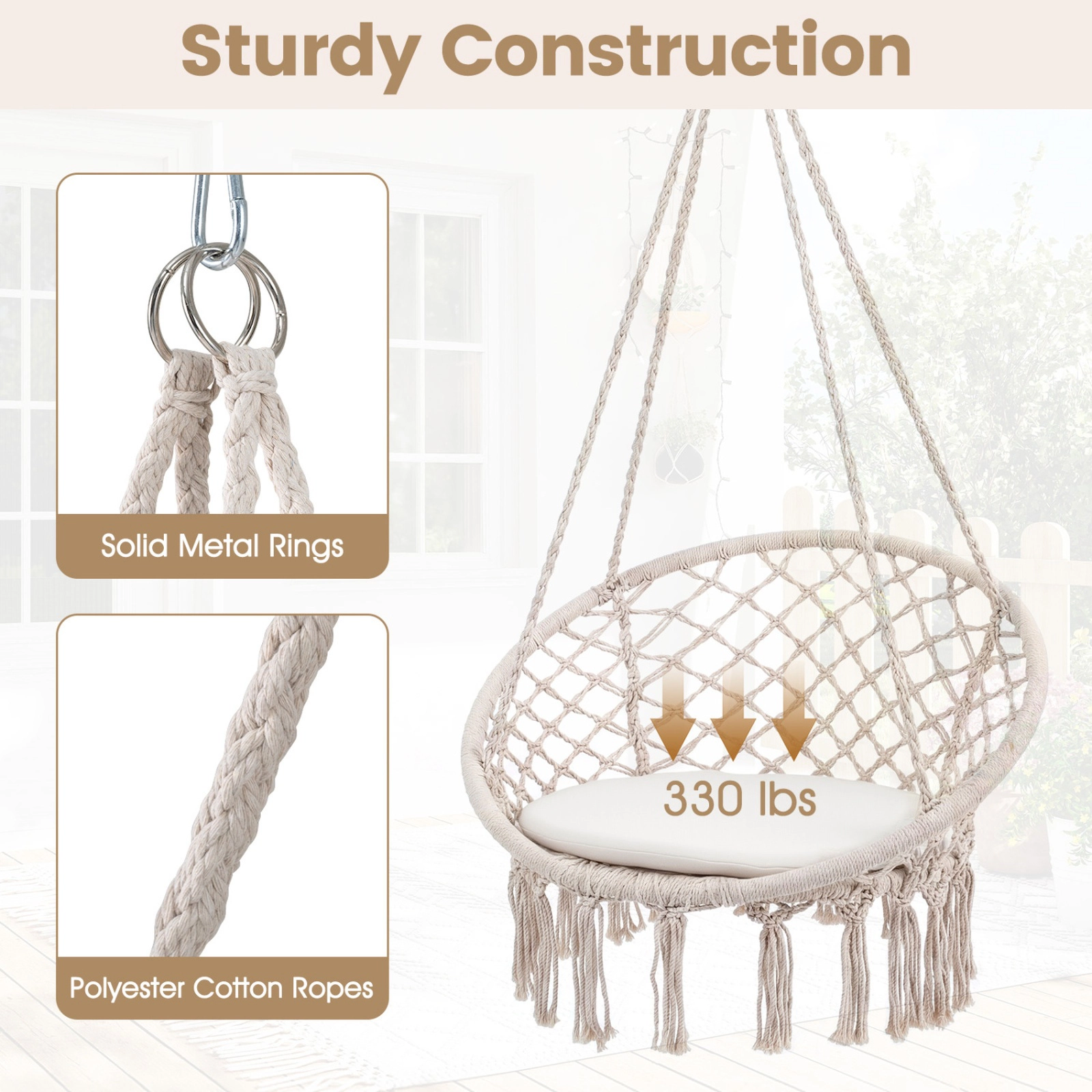 SUGIFT Macrame Swing Chair Hammock Chair with Round Seat Cushion 330-lb Capacity Beige