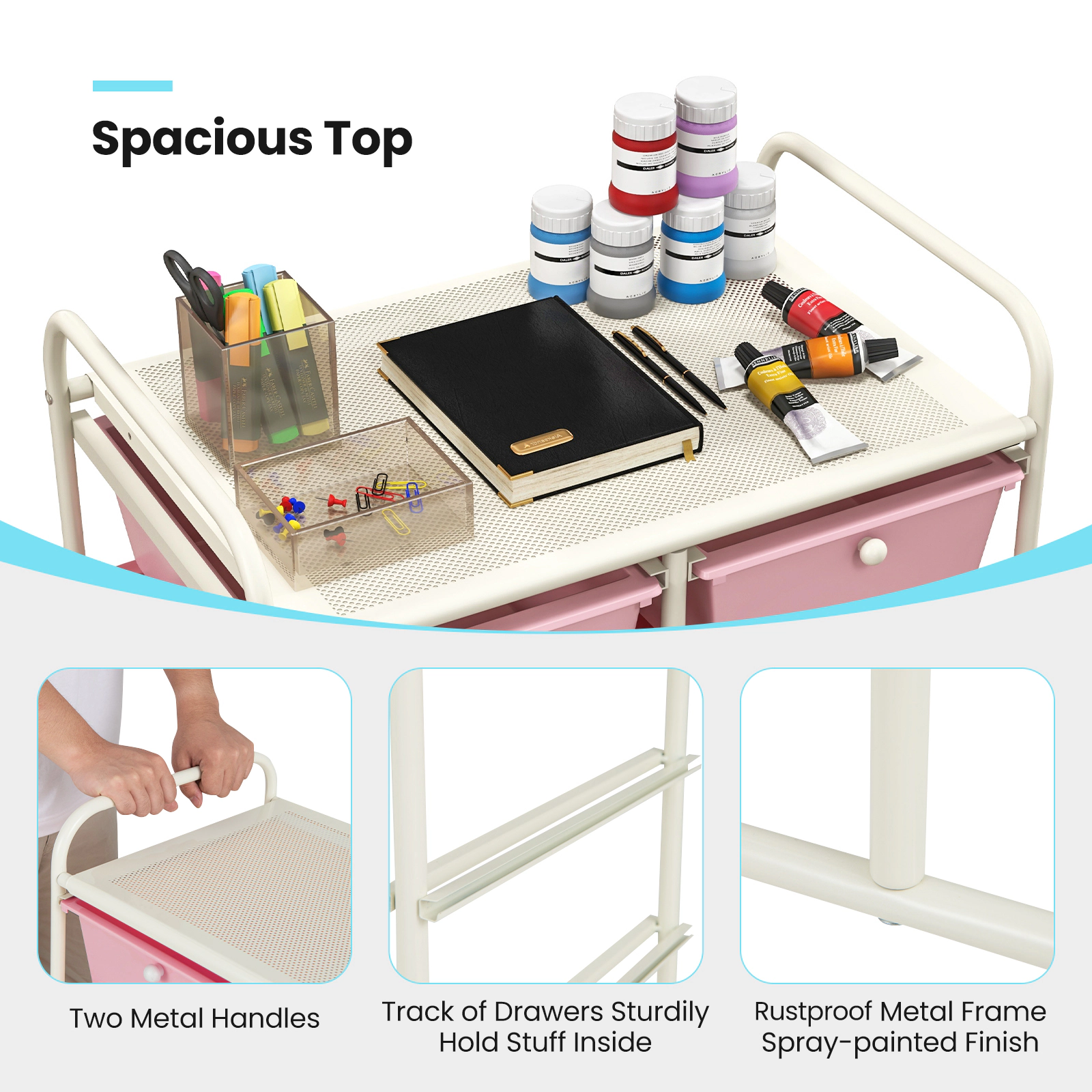 SUGIFT 10-Drawer Rolling Storage Cart with Mesh Top Platform 22-lb Top Capacity Gradient Pink As Picture Shown