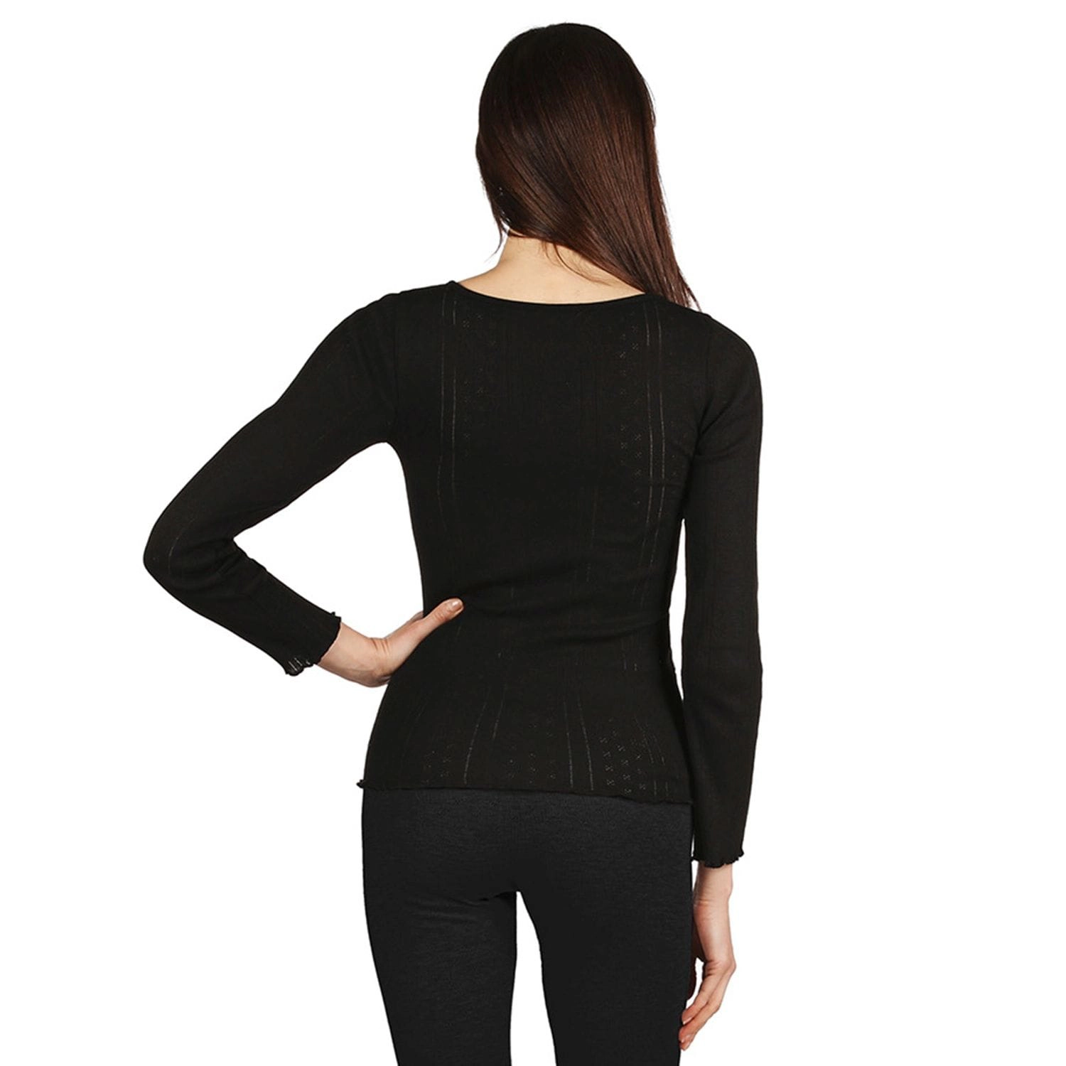 Memoi Women's Pointelle Rib Knit Seamless Long Sleeve Top