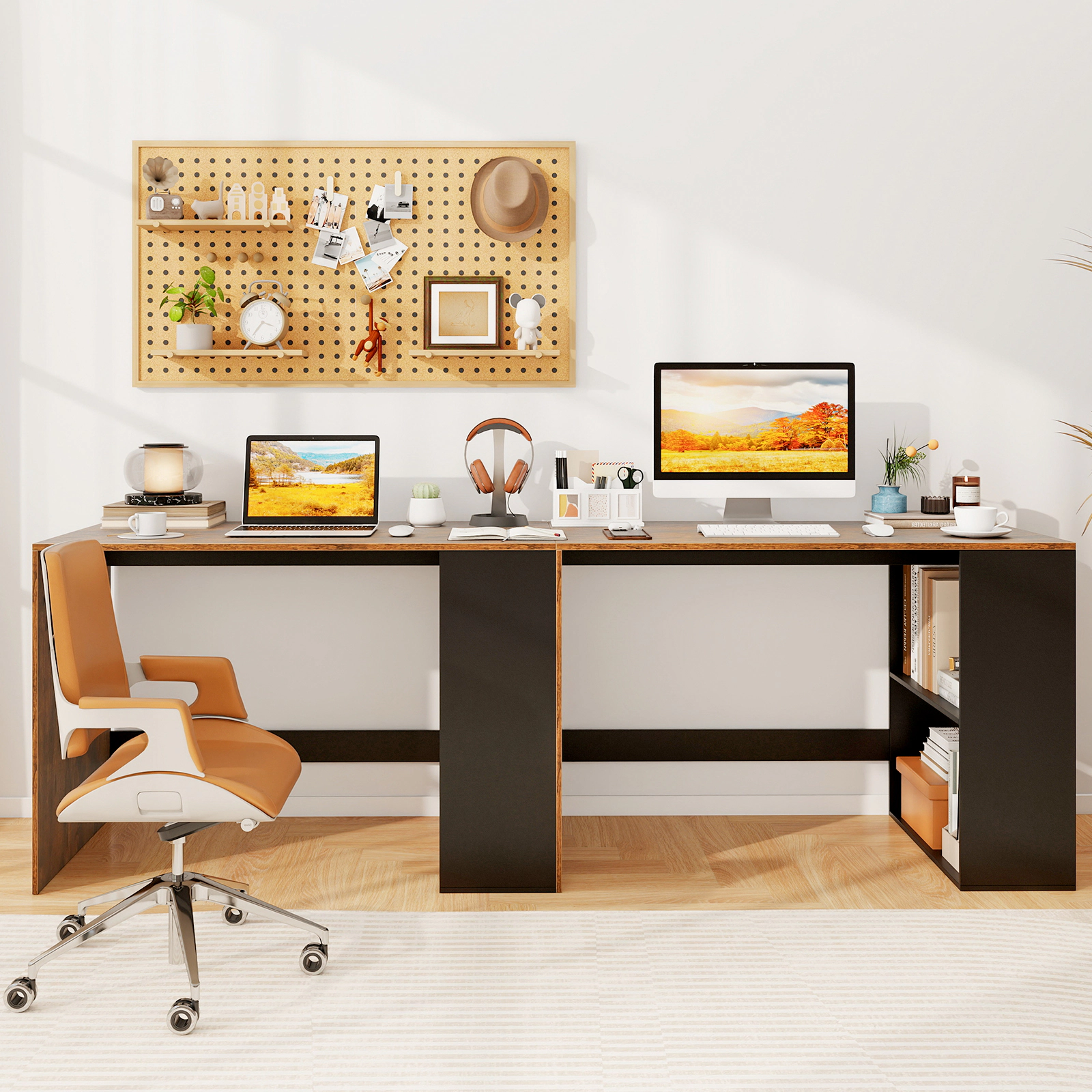 SUGIFT 44-In Computer Desk with 2-Tier Bookshelf 155-lb Tabletop Capacity Rustic Brown and Black