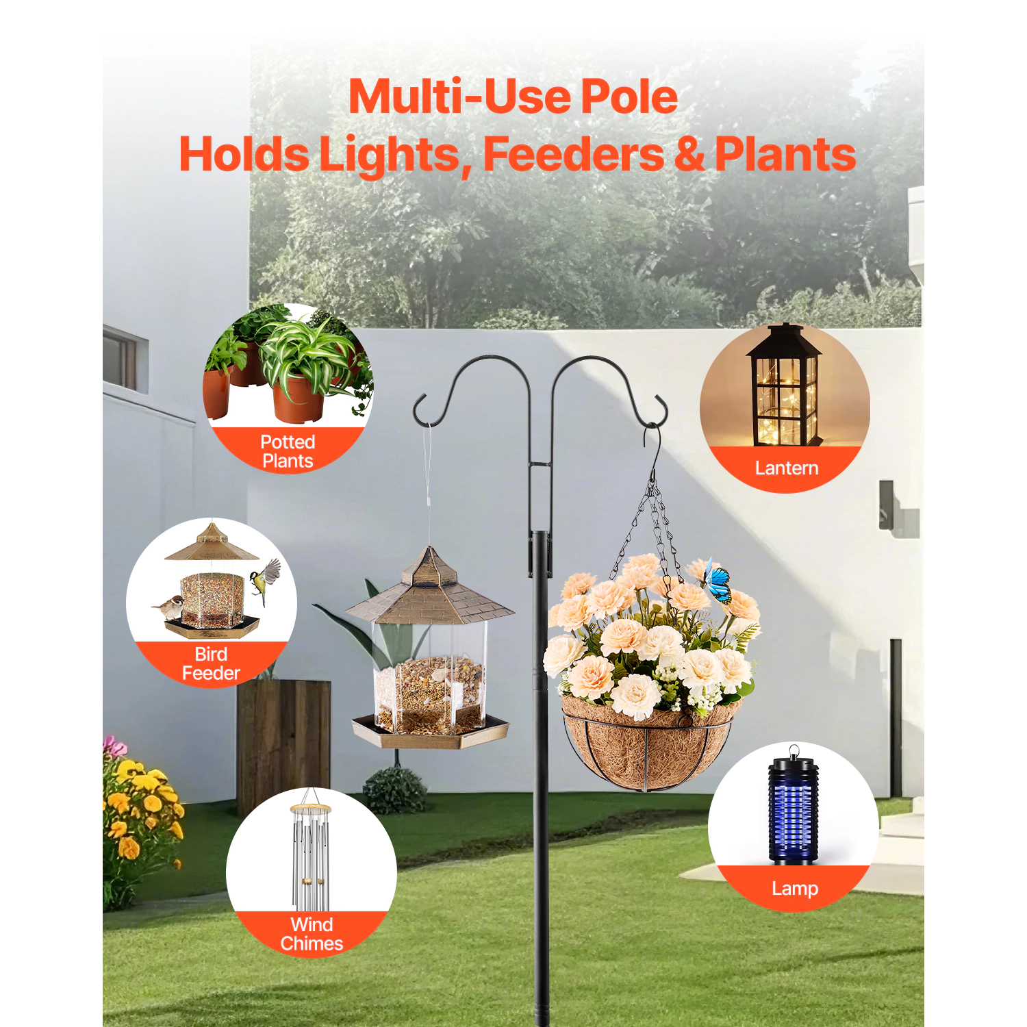 HONGGE Double Shepherds Hooks for Outdoor 8 Pack Heavy Duty Bird Feeder Pole 3/4 Inch Thick Garden Hooks for Hanging