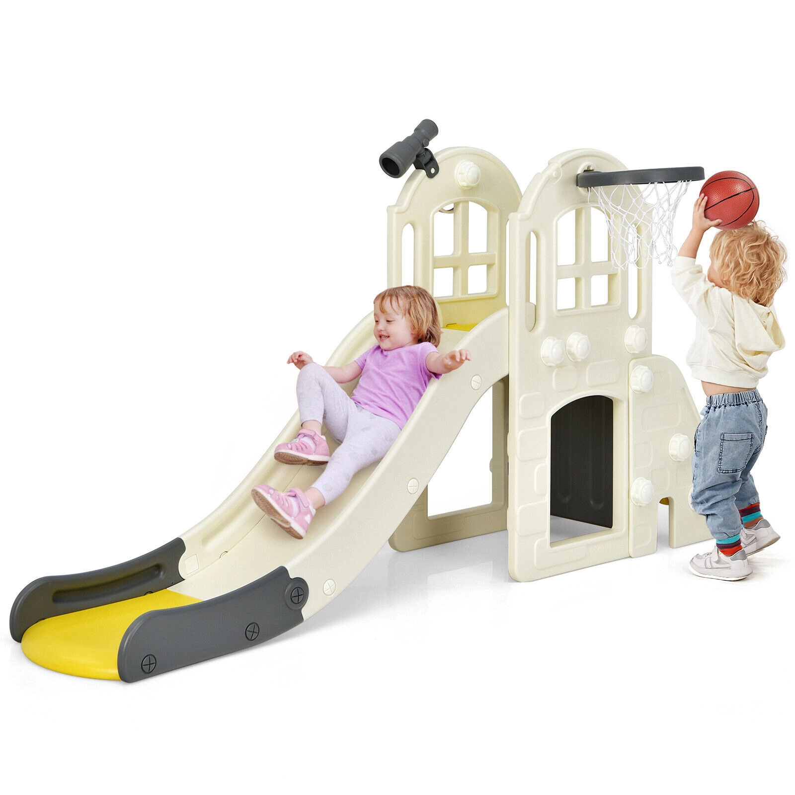 SUGIFT 6-in-1 Large Toddler Climber Slide Playset Basketball Hoop 75-in Frame 160-lb Platform Capacity Ages 3+ Yellow