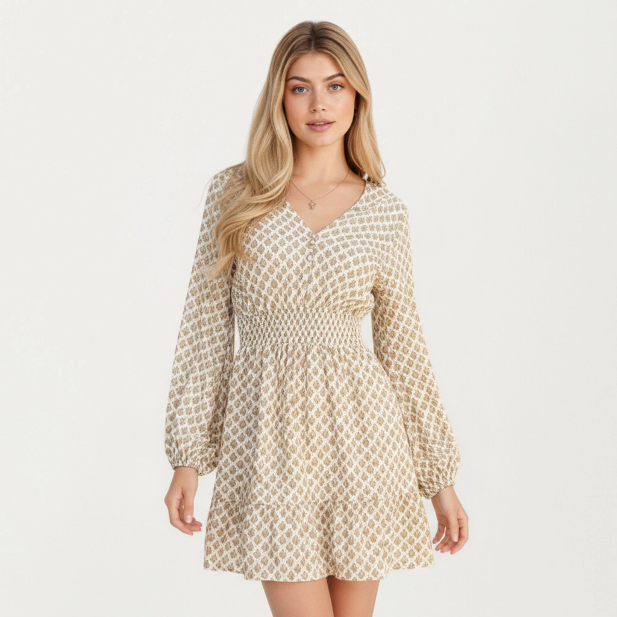 Anna-Kaci Women's Floral Printed Long Sleeve Smocked Waist Mini Dress