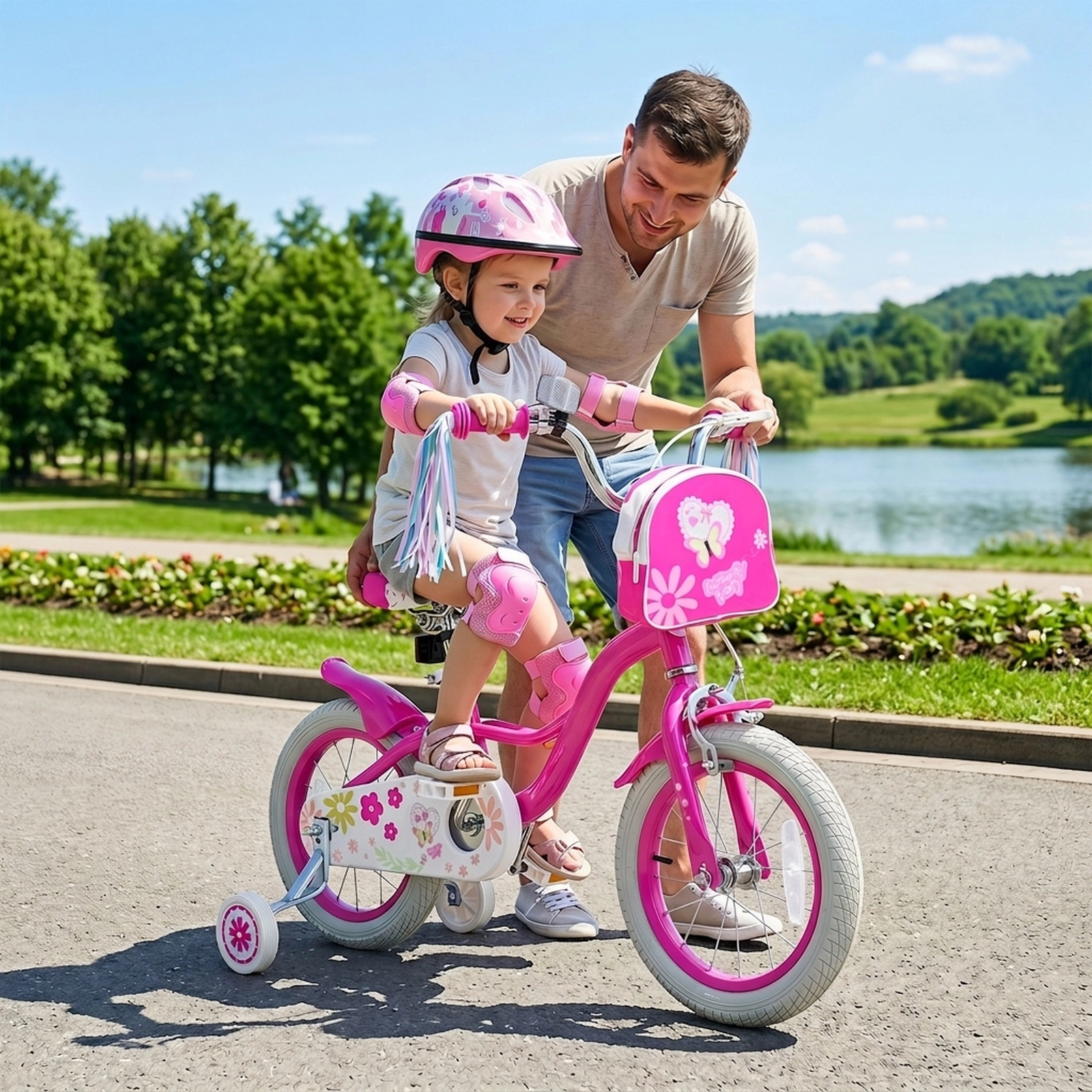 14-in Girls Bike Front Bag Handlebar Ages 3-5 Pink Kids Bicycle Removable Training Wheels Bell 110-lb Seat Capacity
