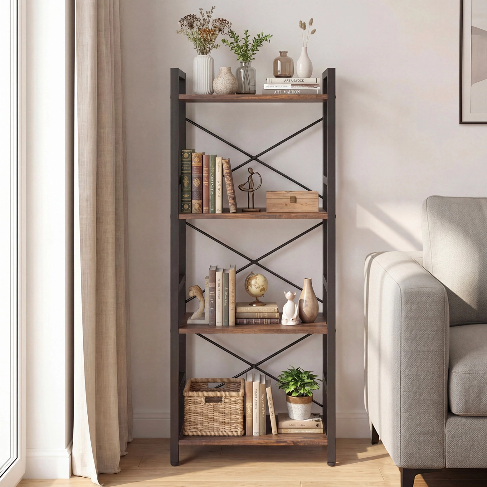 SUGIFT Rustic Brown 4-Tier Narrow Bookshelf 40 in with X-Braced Metal Frame