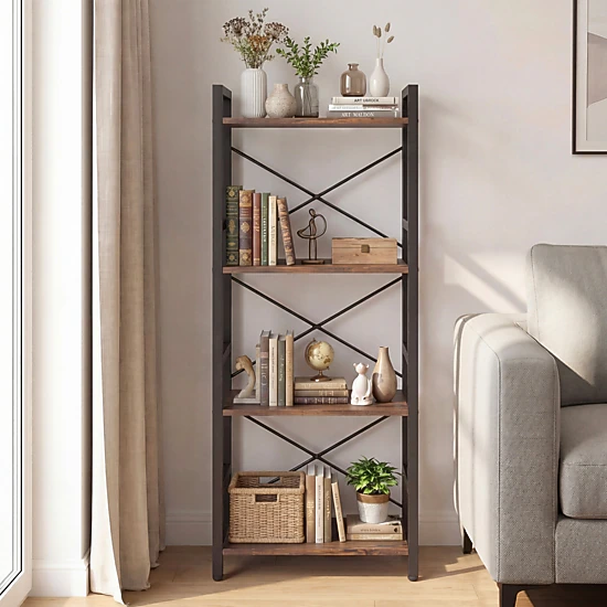SUGIFT Rustic Brown 4-Tier Narrow Bookshelf 40 in with X-Braced Metal Frame