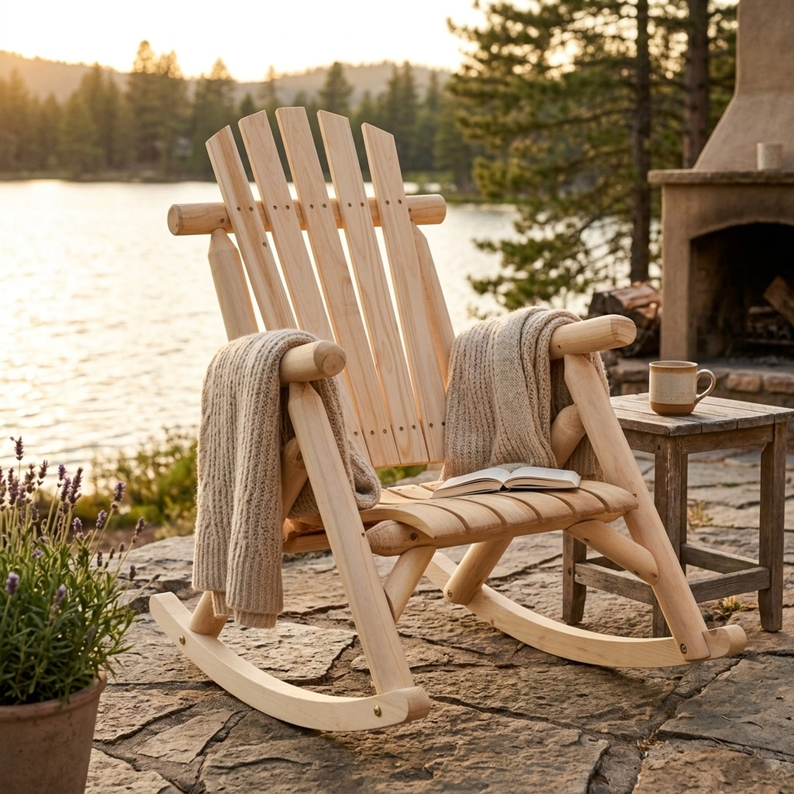 SUGIFT Natural Wood Porch Rocking Chair, Fir and Pine, Fanned High Back, Curved Seat, 330 lb Capacity