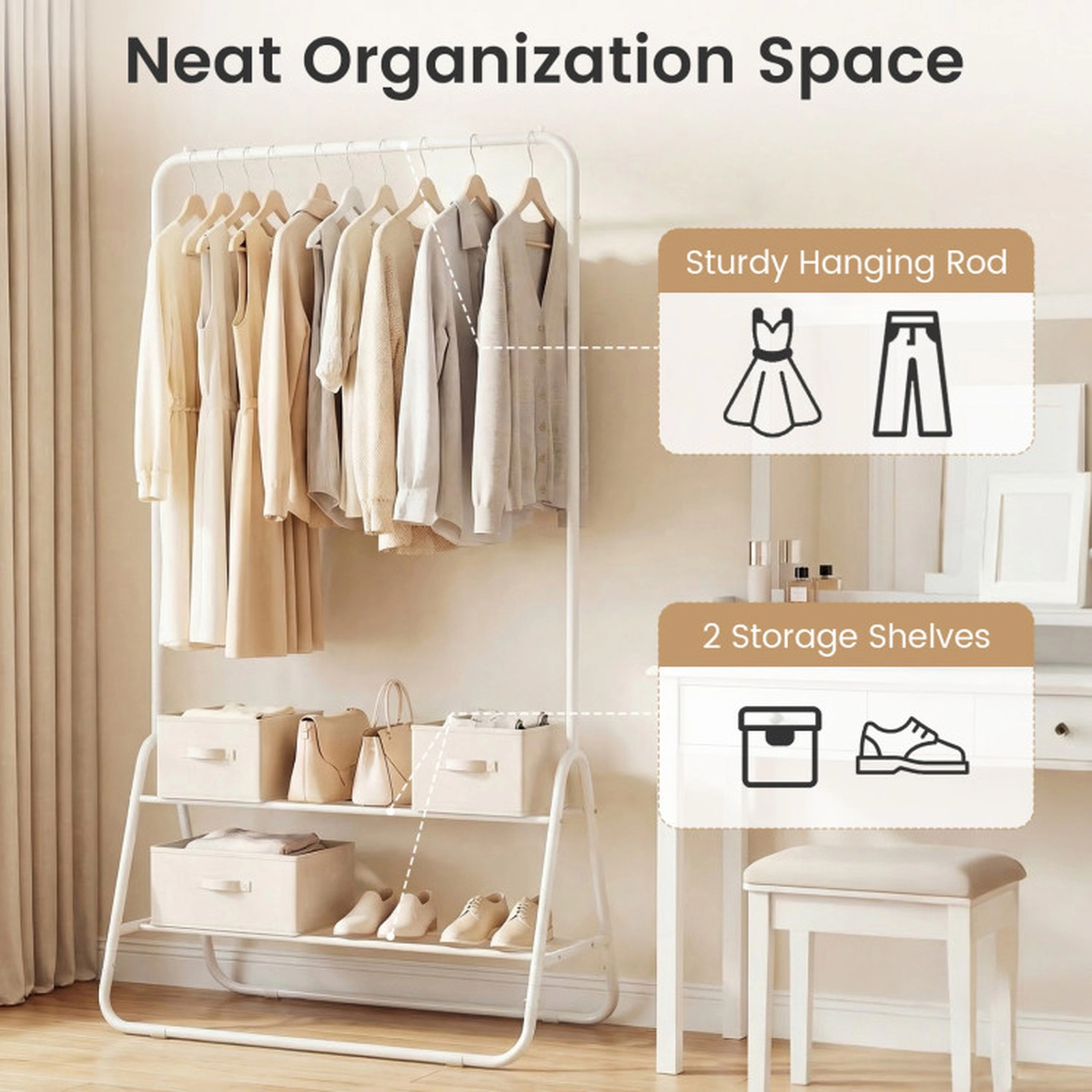 SUGIFT Freestanding 2 Storage Shelves Anti-Fall Metal Garment Rack 32-in x 18.5-in x 59-in 45-lb Capacity White