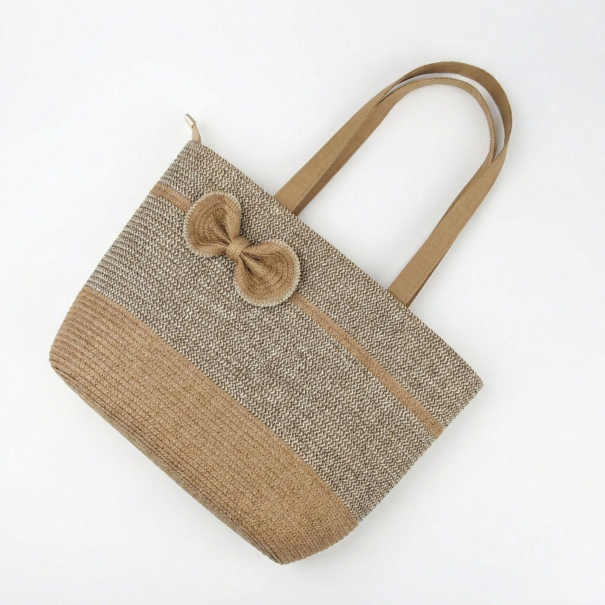 Alilang Women's Straw Tote Bag with Contrast Panel Bow Accent Dual Shoulder Straps and Structured Shape 10.5x11.5in