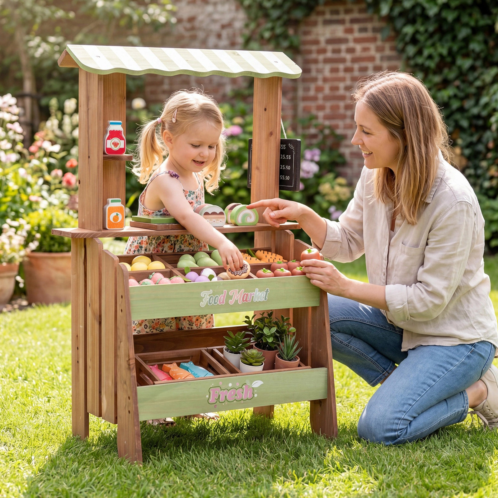 SUGIFT Chalkboard and 43 Accessories Kids Wooden Grocery Store Playset