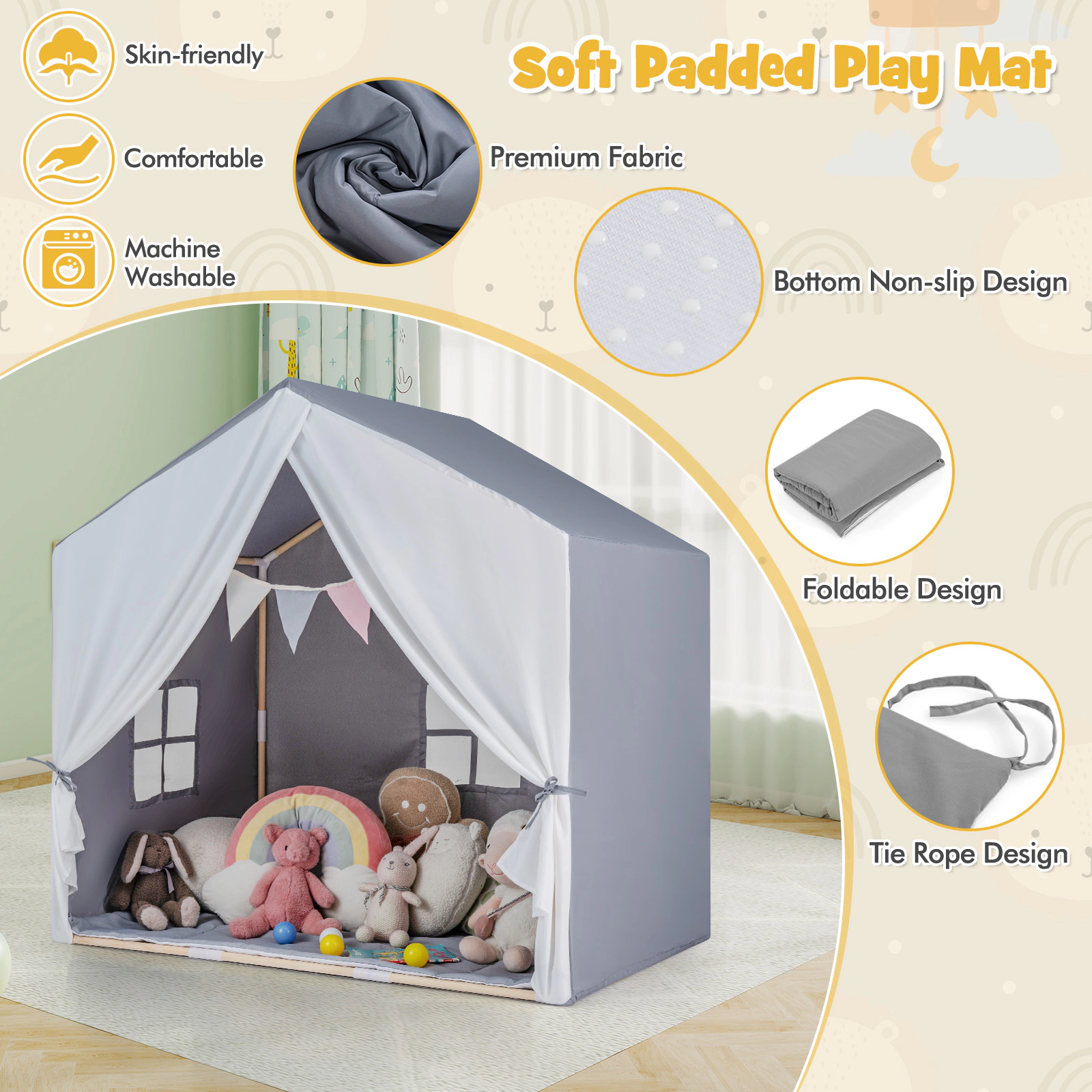 SUGIFT Washable Cotton Mat and Flag Banner Pine Wood Kids Play Tent