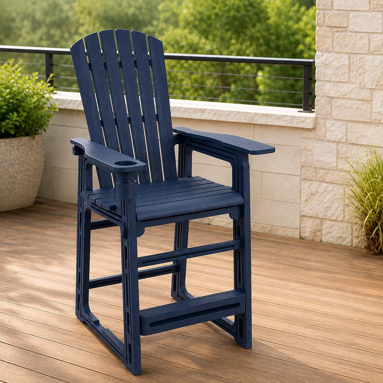 SUGIFT Navy Blue Backrest Armrests and Cup Holder Set of 2 Outdoor 29 Inch HDPE Bar Stools
