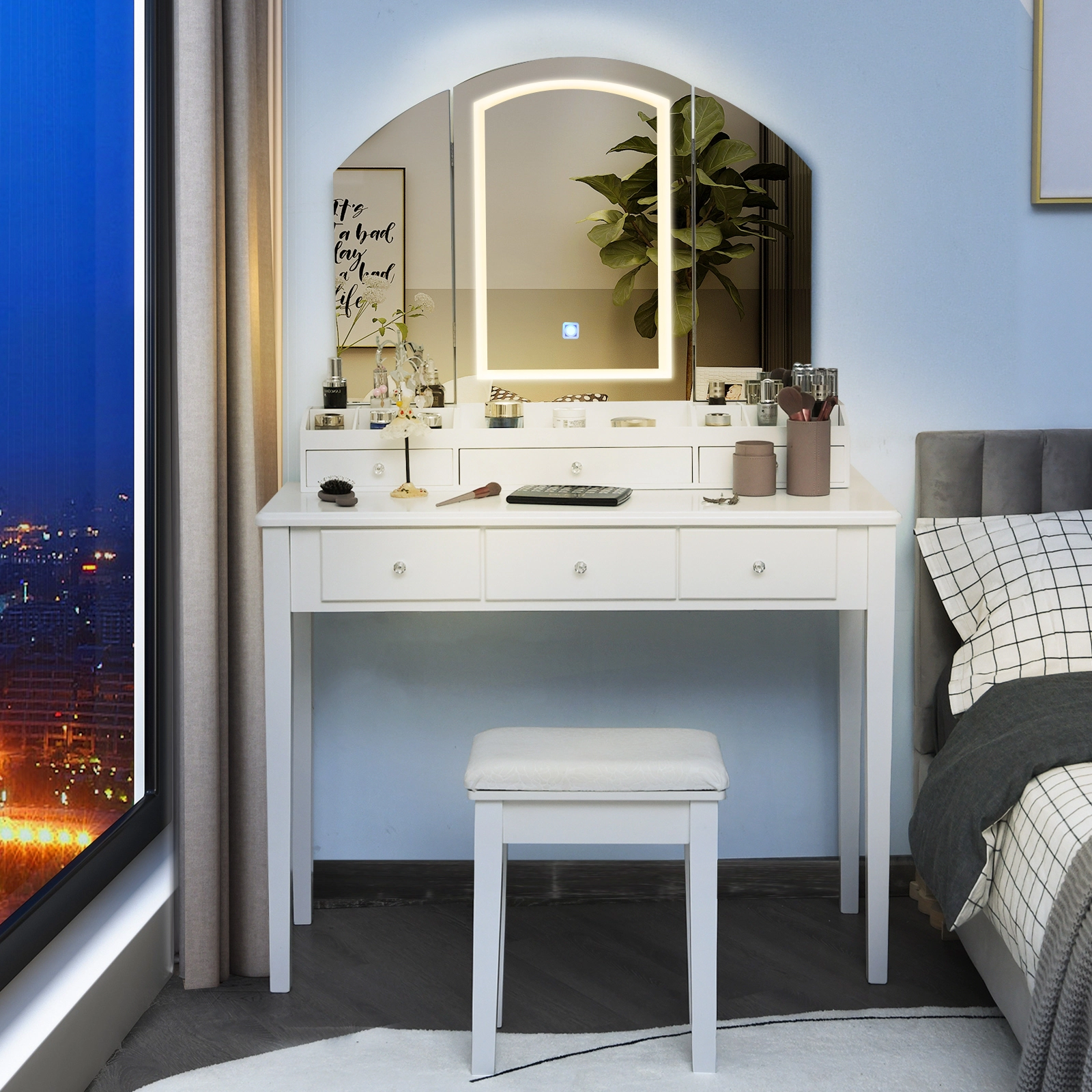 SUGIFT White Large Tri-Folding Lighted Mirror and 6 Drawers Vanity Table and Stool Set