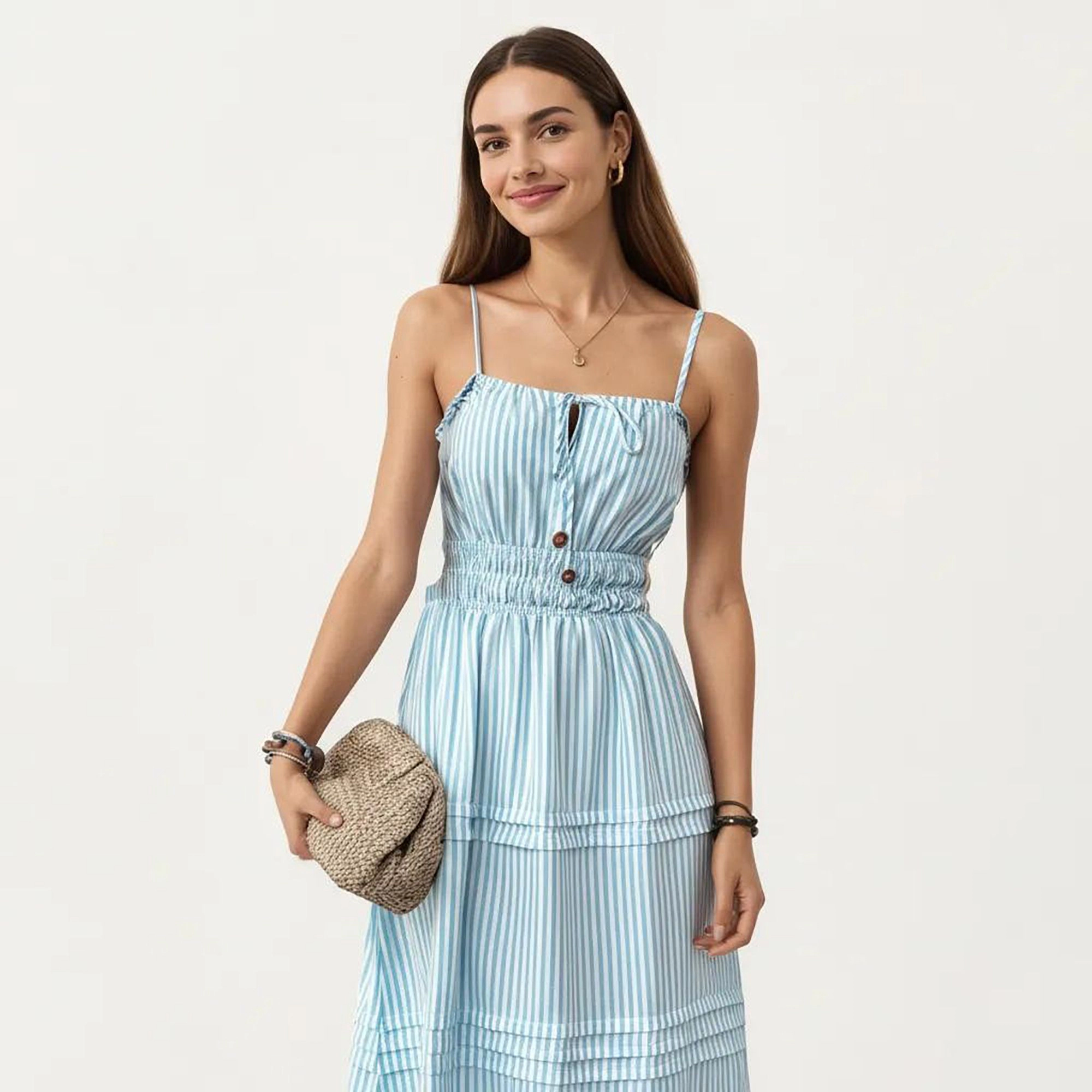 Anna-Kaci Women's Sleeveless Striped Adjustable Straps Smocked Waist Button Front Tiered Skirt Midi Dress