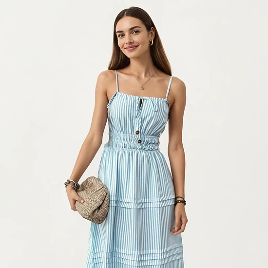 Anna-Kaci Women's Sleeveless Striped Adjustable Straps Smocked Waist Button Front Tiered Skirt Midi Dress