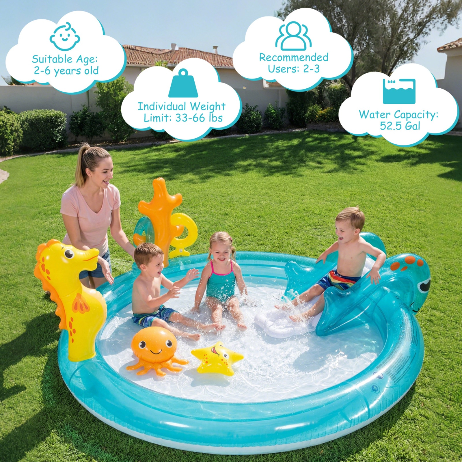 SUGIFT Inflatable Water Park Kids Spray Pool with Slide Seahorse Sprinkler and Ring Toss