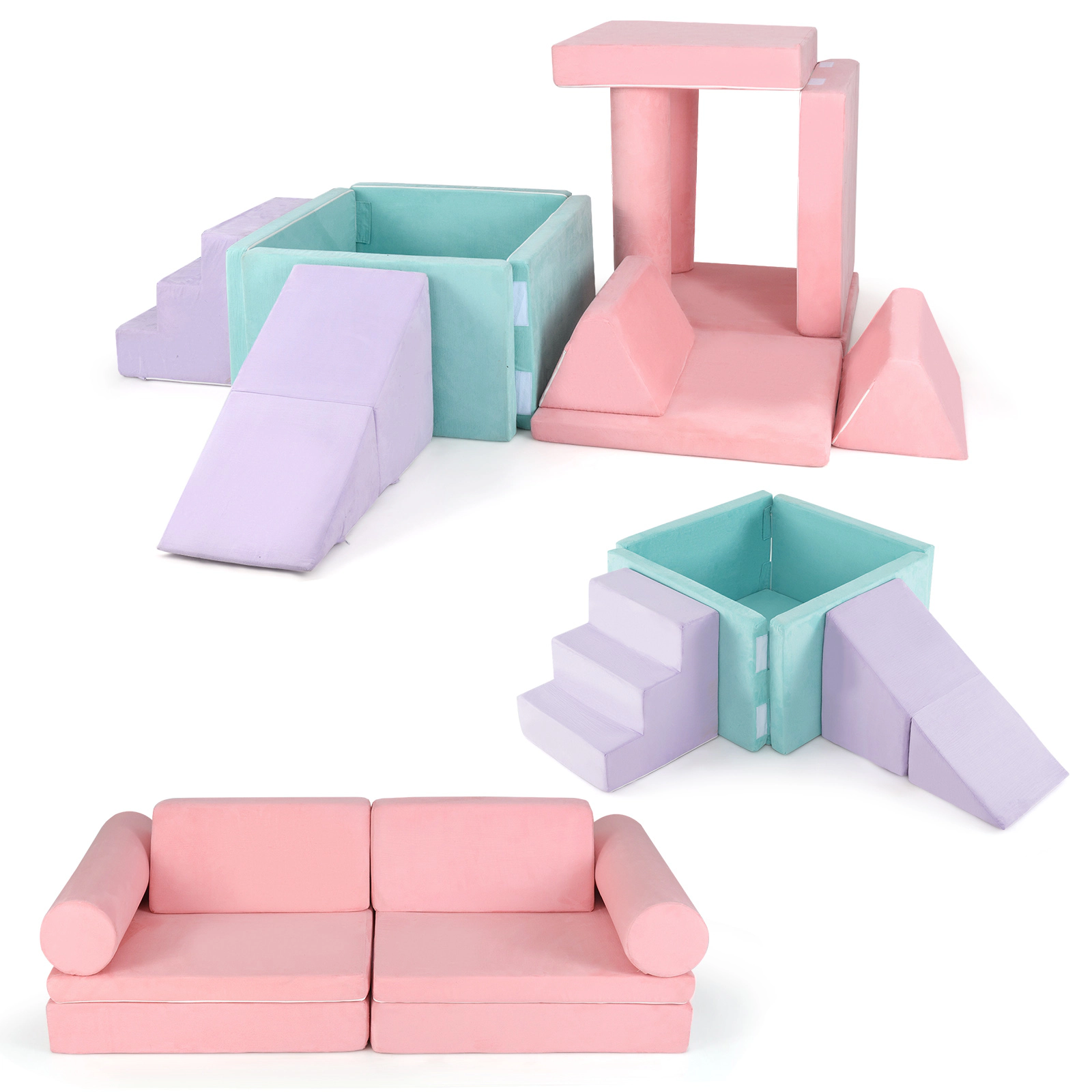 SUGIFT 8-Piece Modular Kids Foam Play Couch Building Fort Play Set with Suede Cover Pink
