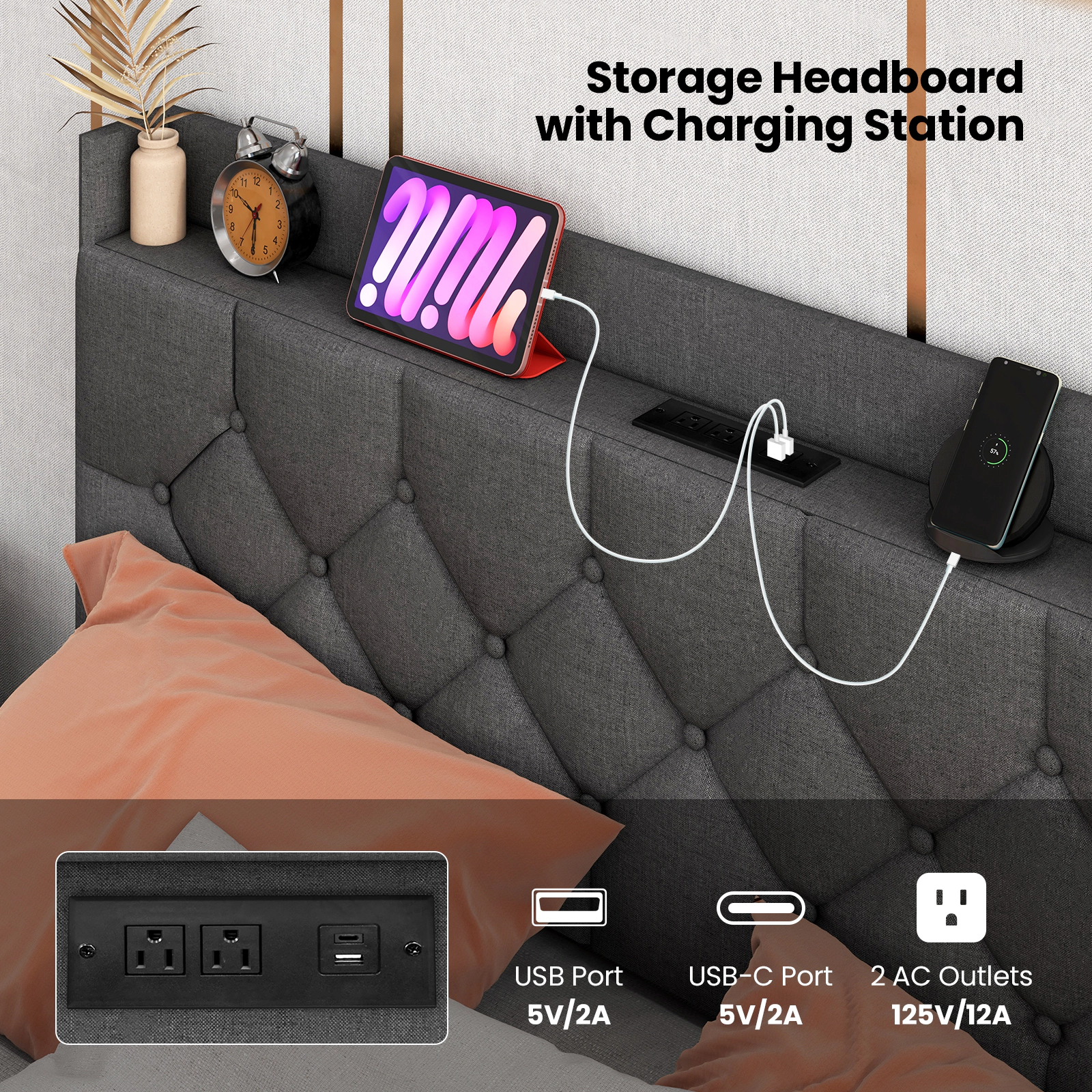 SUGIFT Floating Full/Queen Size Bed Frame with LED Storage Headboard and Charging Station 660-lb Capacity Gray