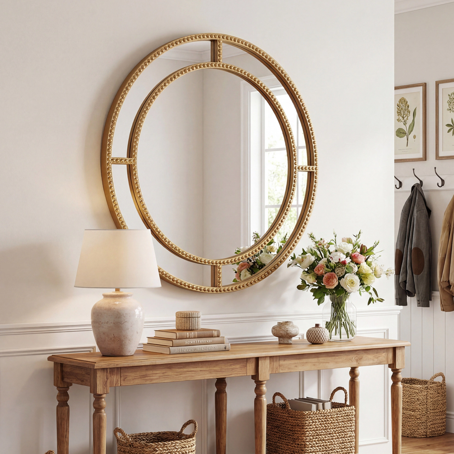 SlickBlue 28 Inch Round Wall Mirror Beaded Frame Decorative Vanity Mirror