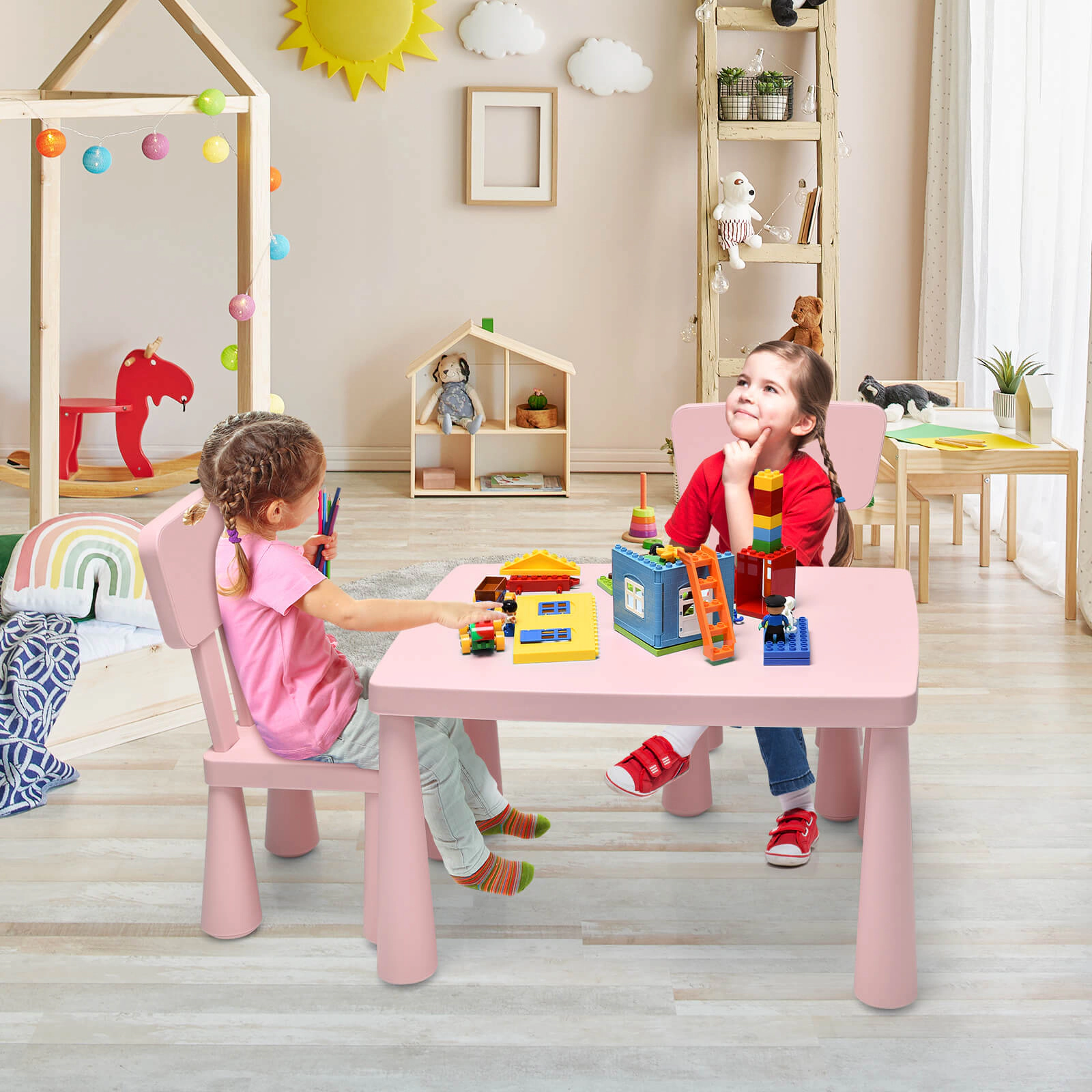 SUGIFT Toddler Multi Activity Play Dining Study Kids Table and Chair Set 110-lb Capacity Ages 1-7 Pink