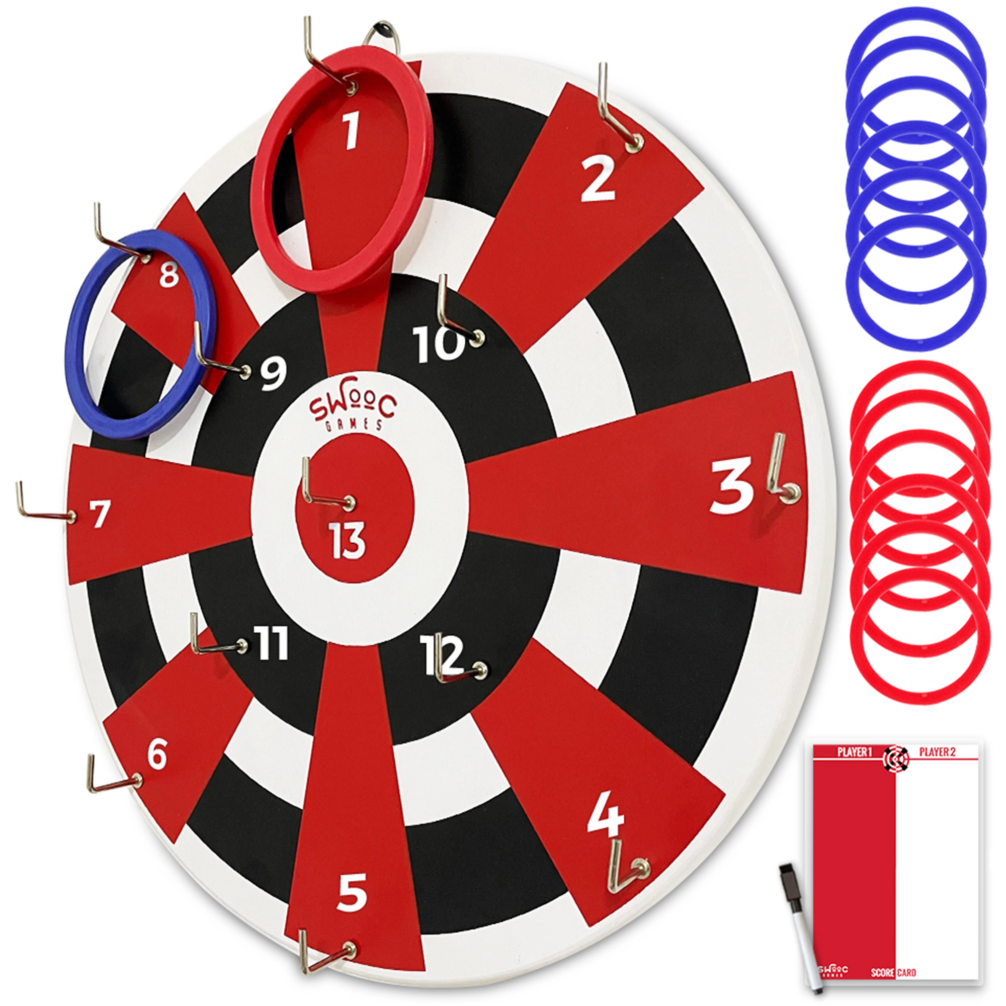 Swooc Games | Hook Darts Ring Toss Game | Wood Board and Soft Rings
