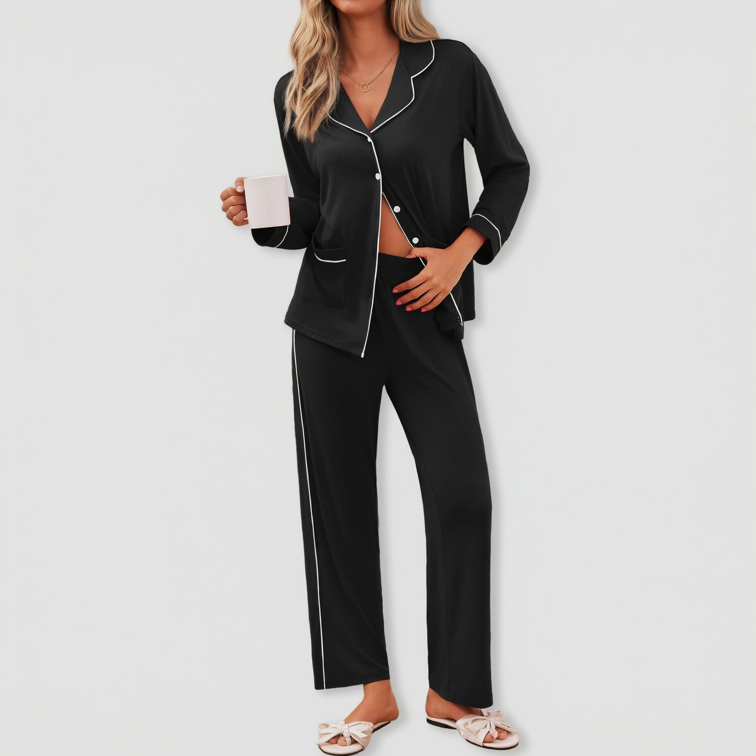 Ekouaer Pajamas Set Button Down Pajama Long Sleeve Shirt and Pants Lounge Sets Sleepwear