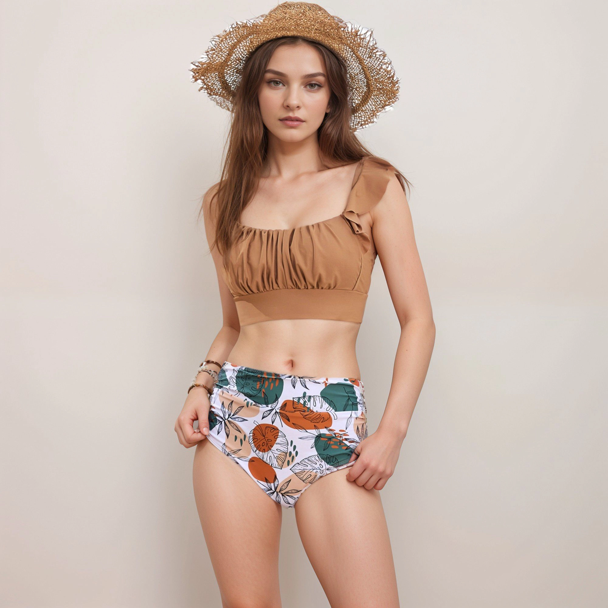 Anna-Kaci Women's Ruffle Bikini Top with Ruched Bt Detail and High Waist Leaf Print Bottom Swimsuit Set