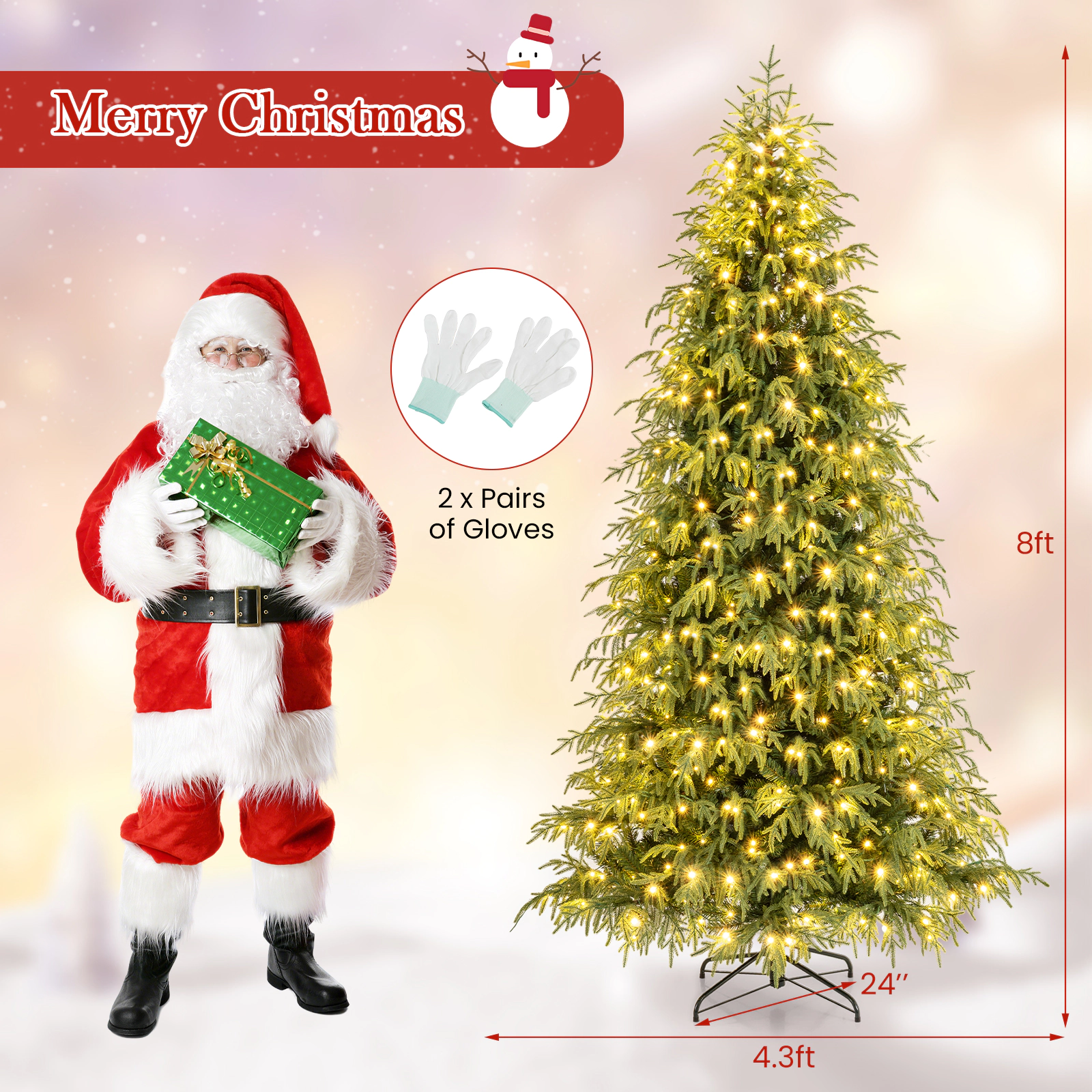 Costway 7/7.5/8 FT Artificial Christmas Tree with 1217/1449/1470 Branch Tips, 400/470/500 Warm LED Lights
